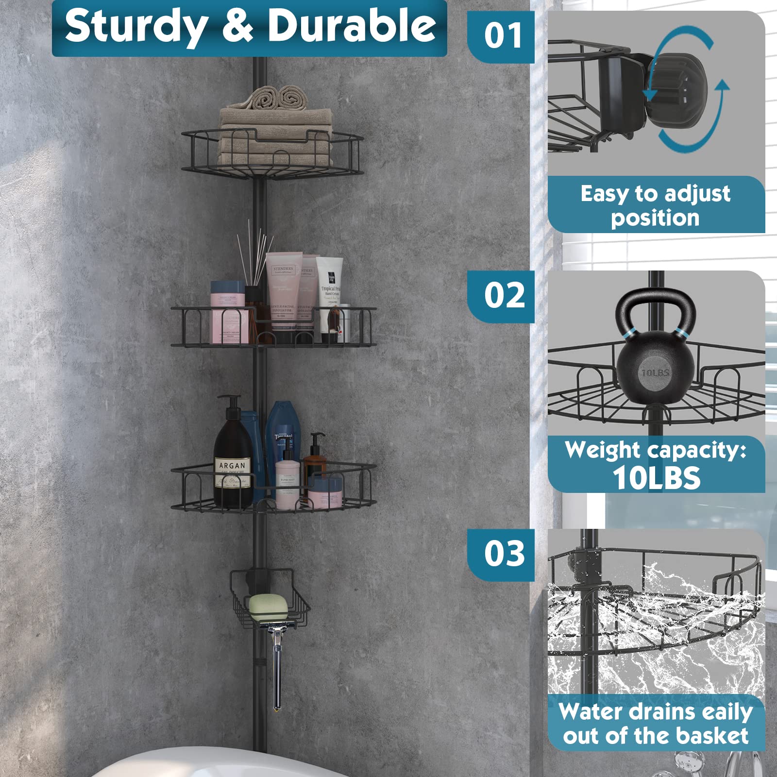 Rustproof Shower Caddy For Bathroom, Bathtub Storage Organizer With 4 Adjustable Baskets, 39-125 Inch Shower Corner Caddy With T