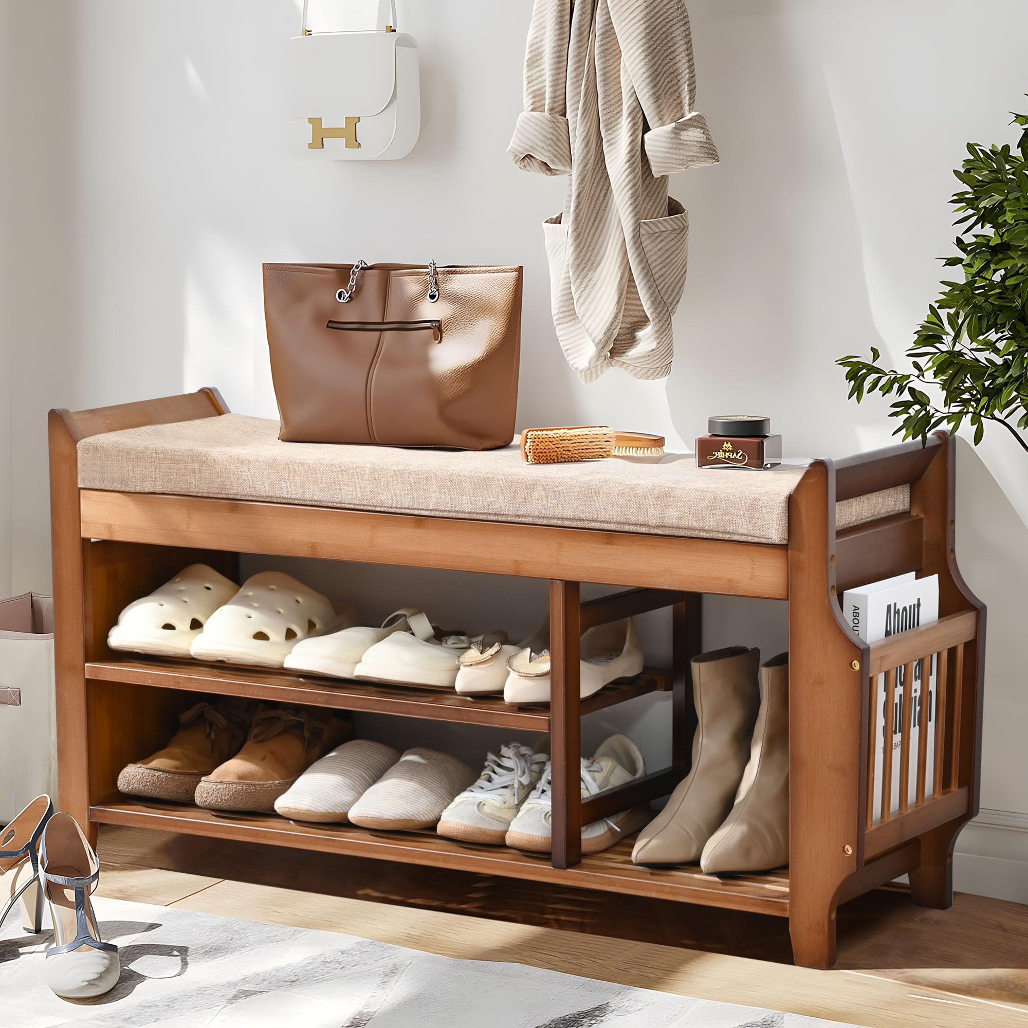 Petkaboo Shoe Bench With Hidden Drawer And Side Holder, 2 Tier Entryway Bench With Storage 39.4 In, Bamboo Shoe Rack With Cushion For Entryway Hallway Living Room Bedroom