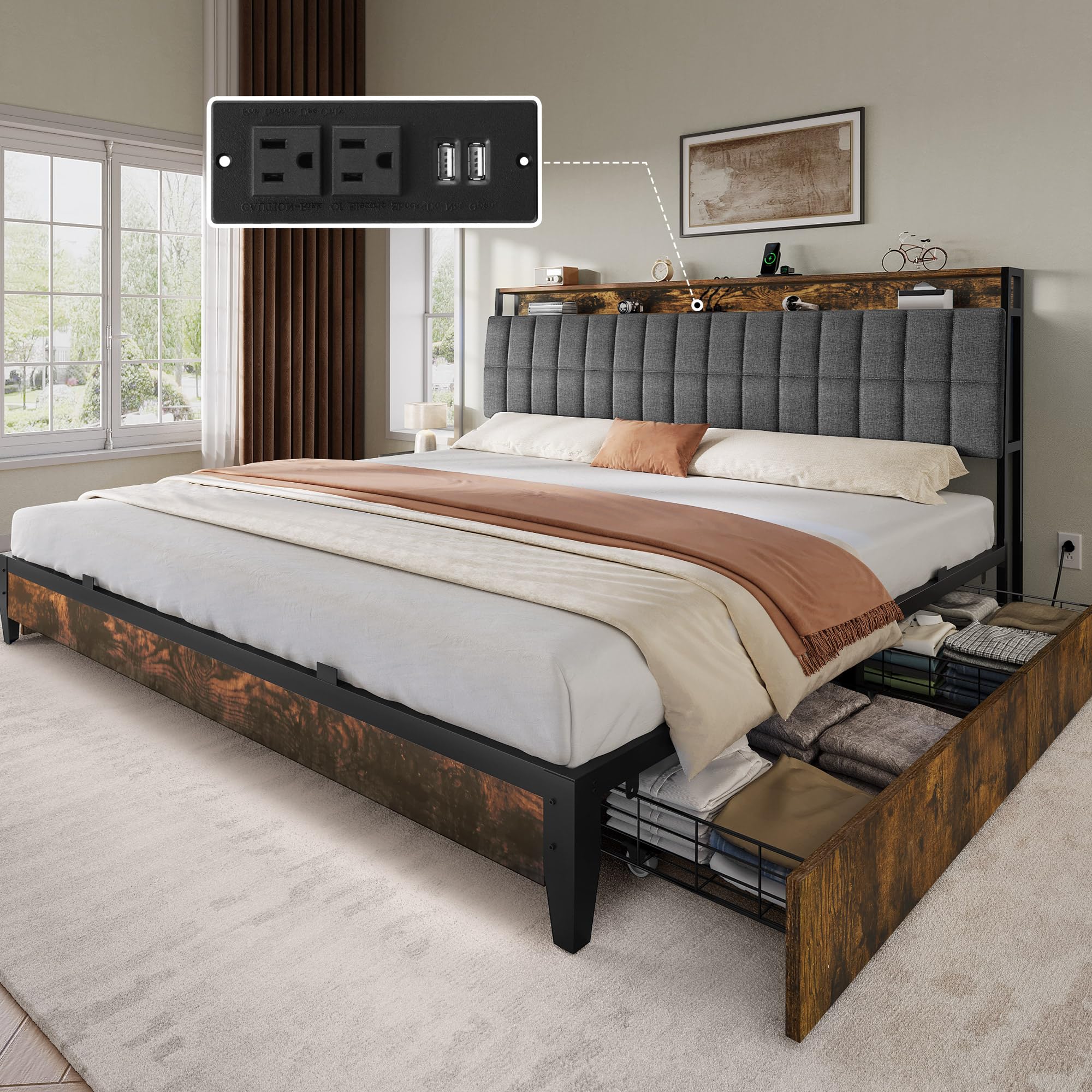 YITAHOME Queen Size Bed Frame, Upholstered Platform Bed Frame with Charging Station/4 Drawers, Storage Headboard Metal Beds Stro