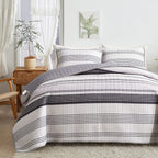 Flysheep Grey Boho Quilt Set Full Queen Size, 3 Pcs Gray Black and Navy Striped Bedspread, Soft Microfiber Modern Coverlet for A