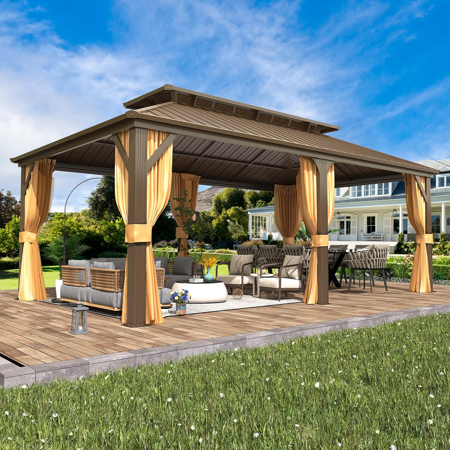 Erommy 12' X 20' Hardtop Gazebo, Galvanized Steel Double Roof Gazebo With Aluminum Frame, Permanent Outdoor Metal Pavilion With