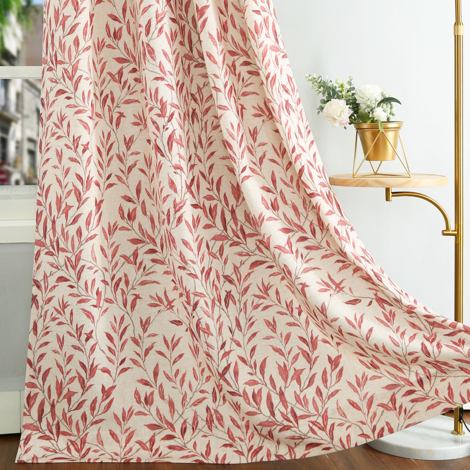 Vogol Country Style Farmhouse Curtains & Drapes, Red Leaves Pattern Light Filtering Drapes For Living Dining Room, 1 Panel Faux