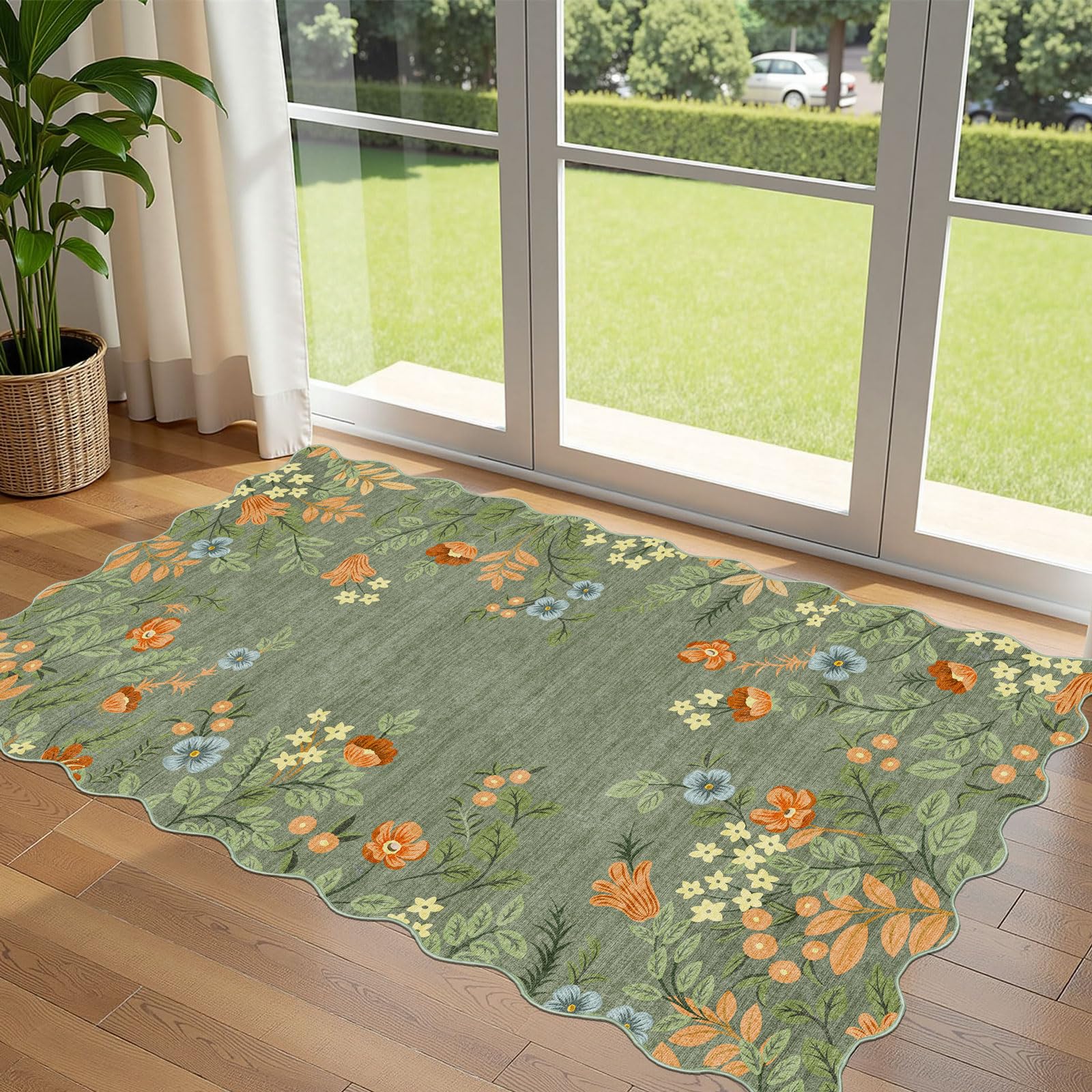 Othilic Sage Green Floral Entry Rug - 3x5 Ft Washable Indoor Outdoor Mats for Front Door Non-Slip Porch Rug Non-Slip Boho Throw 