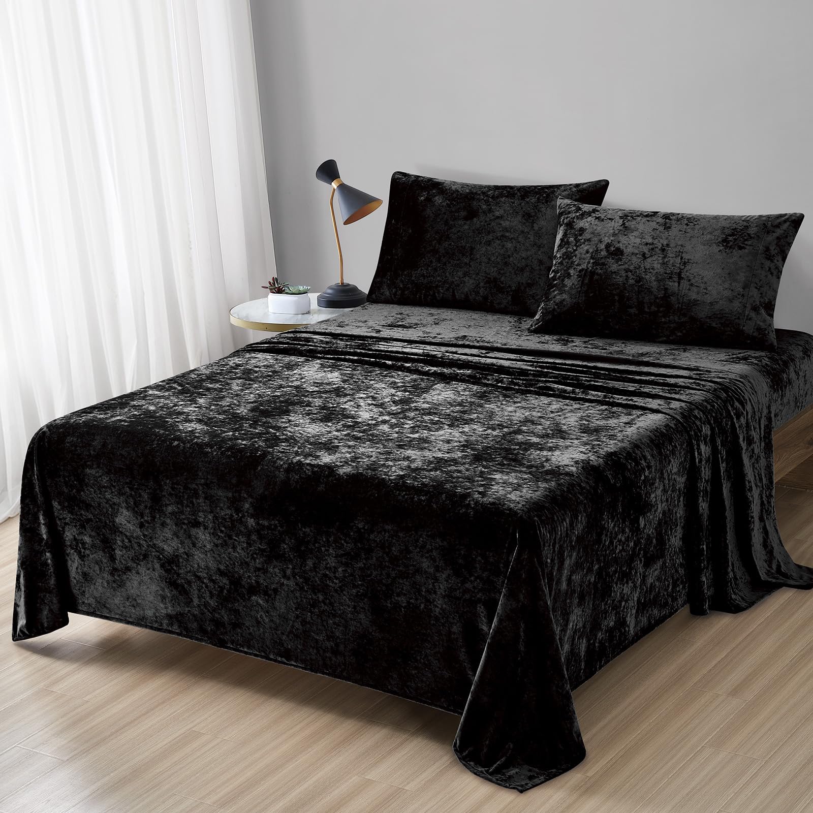 Fredsure Distressed Velvet Sheet Set, 4 Pieces Black King, Ultra Soft, Warm