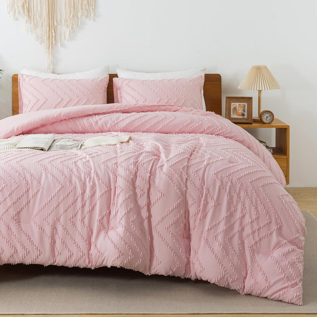 Litanika Pink Queen Size Comforter Sets, 3 Pieces Lightweight Chevron Tufted Bedding Comforter Set, Fluffy Down Alternative Comf
