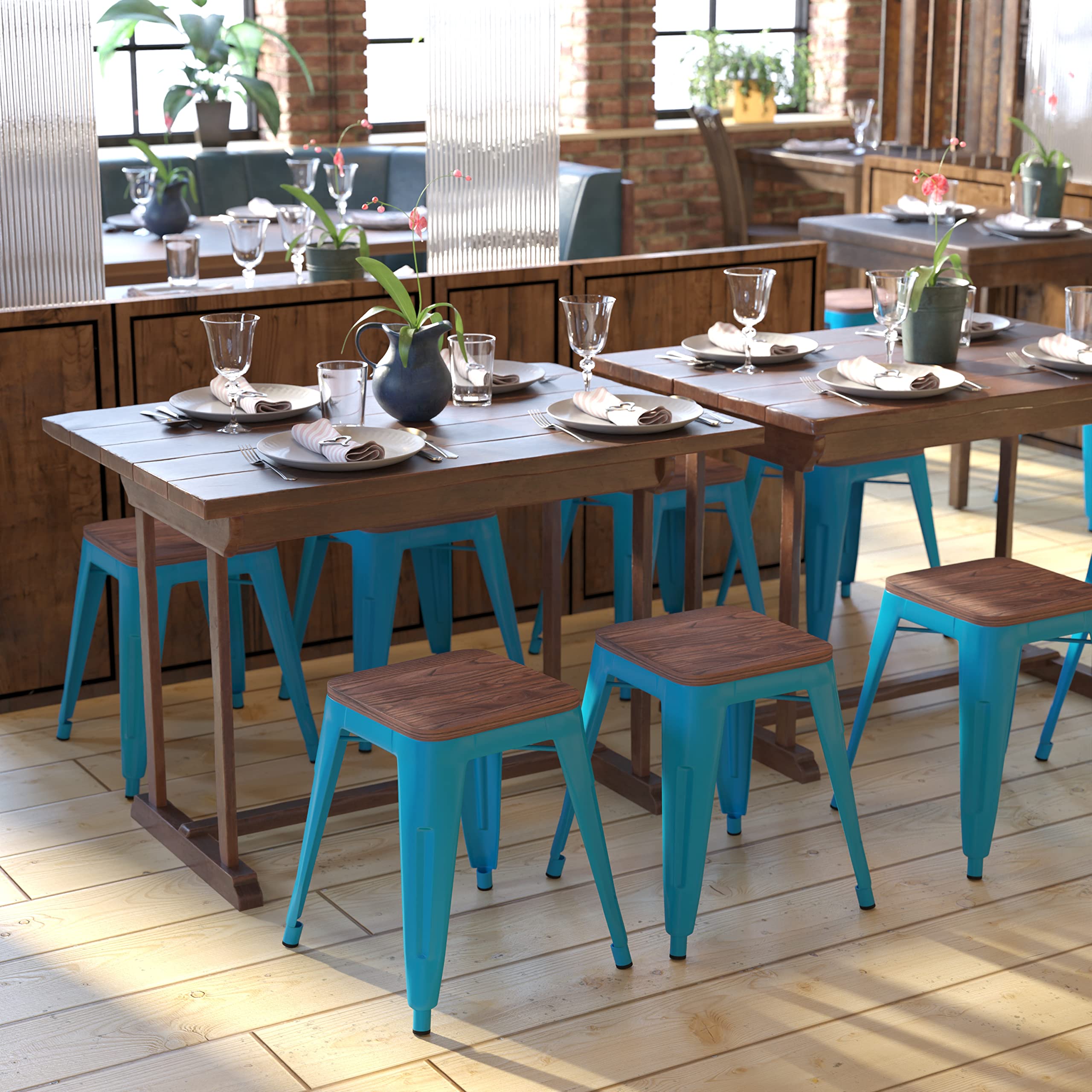 Flash Furniture Metal Dining Table Height Stool with Wooden Seat Set of 4 - Backless Teal Kai Commercial Grade Stool - Kai 18" Stackable Dining Chairs