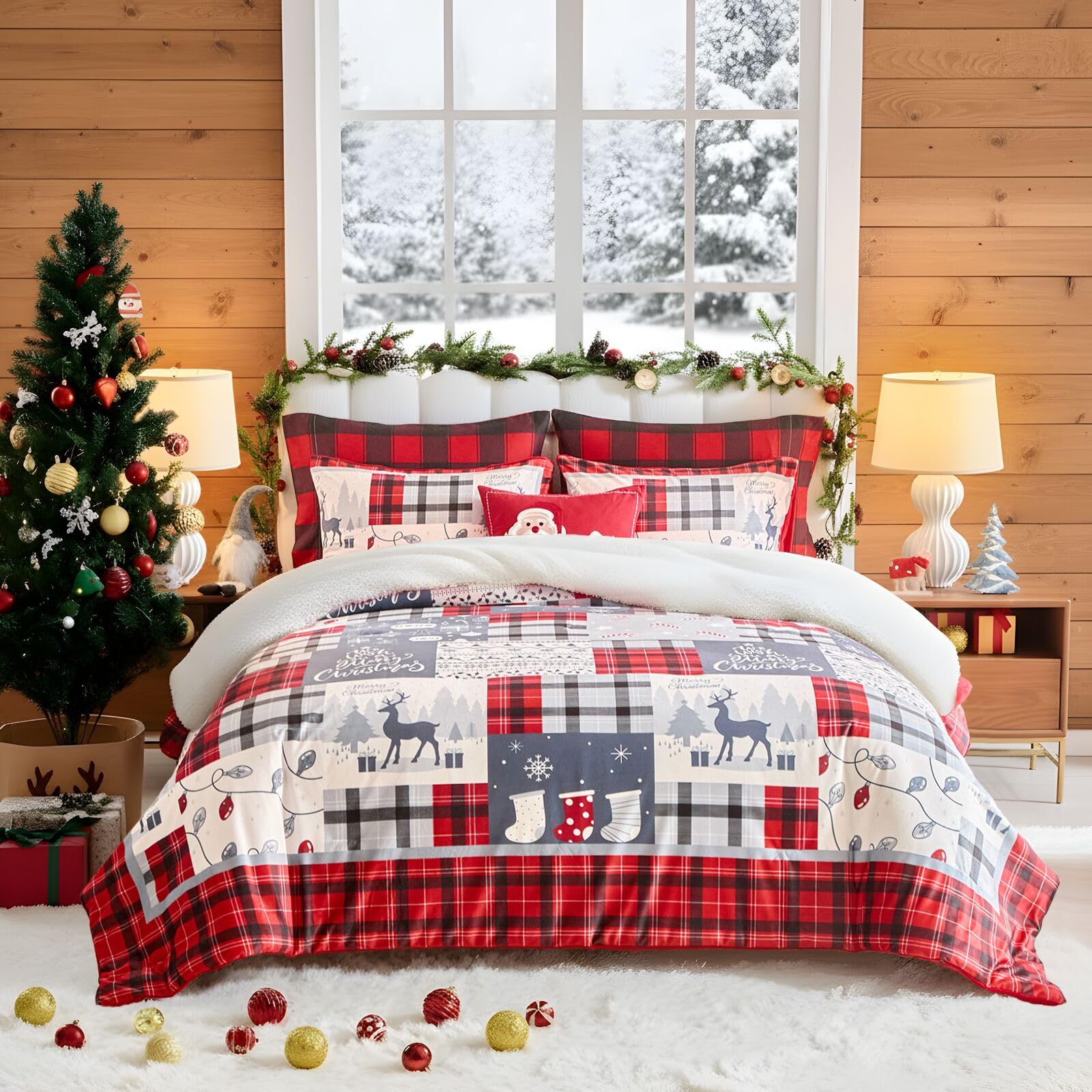 Christmas Flannel Comforter Set Queen Size 3 Pieces Patchwork Style Red Black Plaid With White Gray Deers Snowflake Holiday Wint