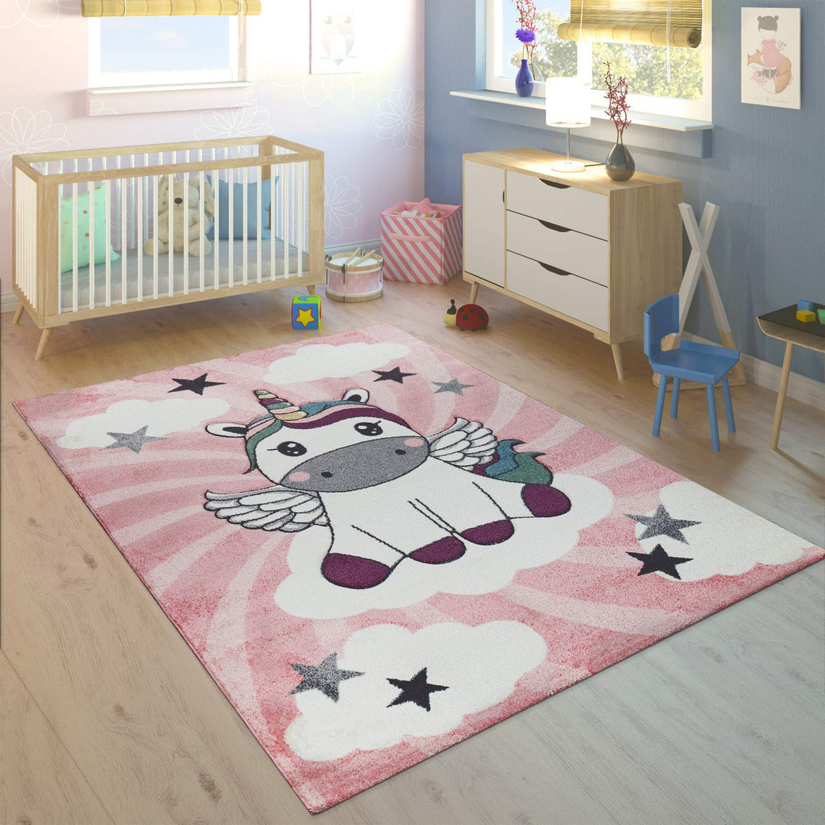 Kids Rug For Girls Bedroom Unicorn Design Area Rug Pastel Colors In Modern Pink, Size: 6'7' X 9'6'