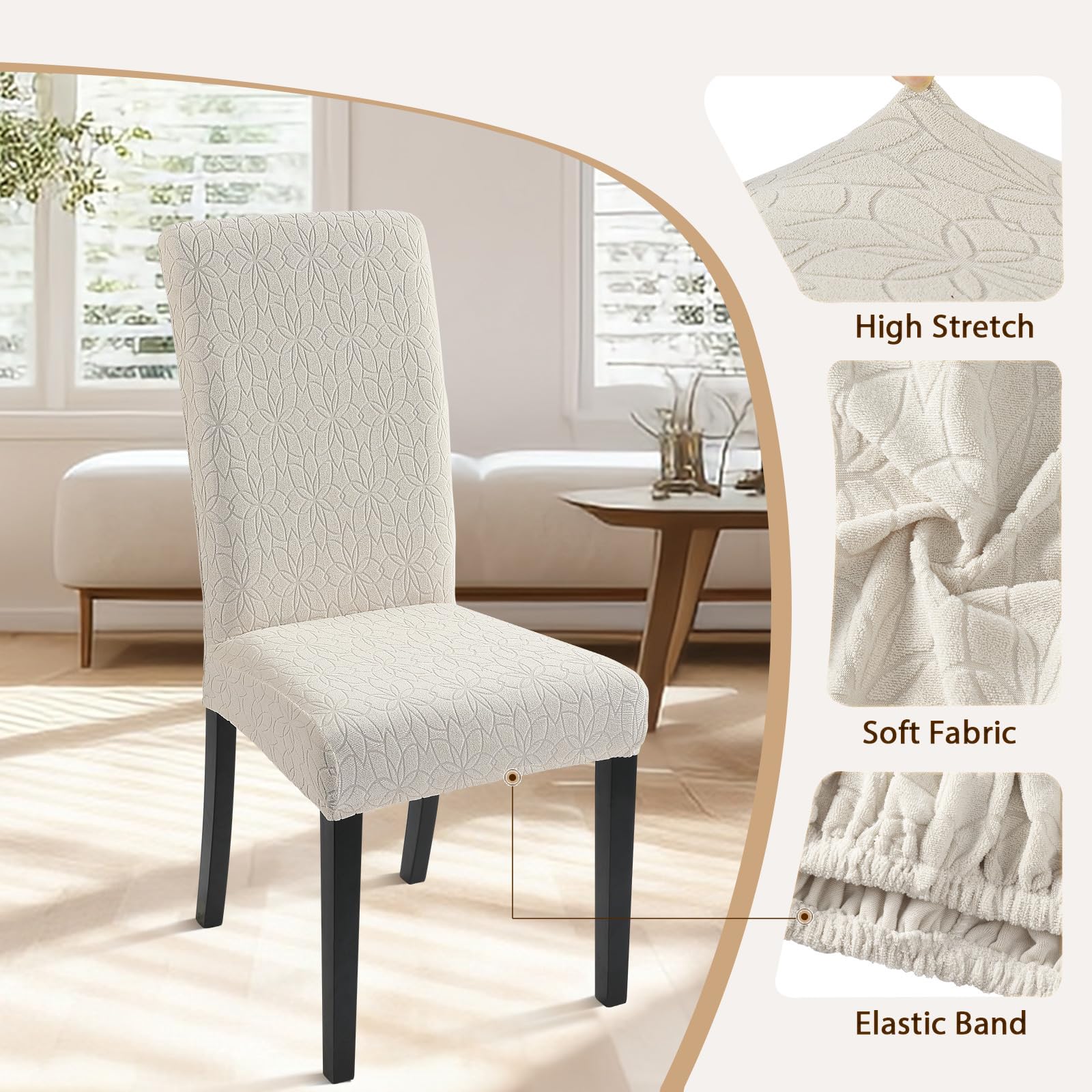 Searchi Jacquard Dining Room Chair Covers Set Of 6, Stretch Kitchen Chair Covers Washable Parsons Chair Slipcover Removable Dining Chair Protectors For Hotel,Ceremony(Beige Floral Texture)