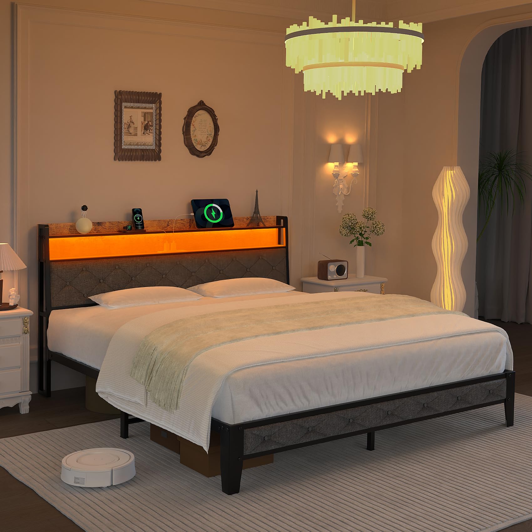 Winkalon Full Bed Frame with Ergonomic Headboard, Platform Bed Frame with RGB Lights, Outlets & Charger, Fast Assembly Bed Full 