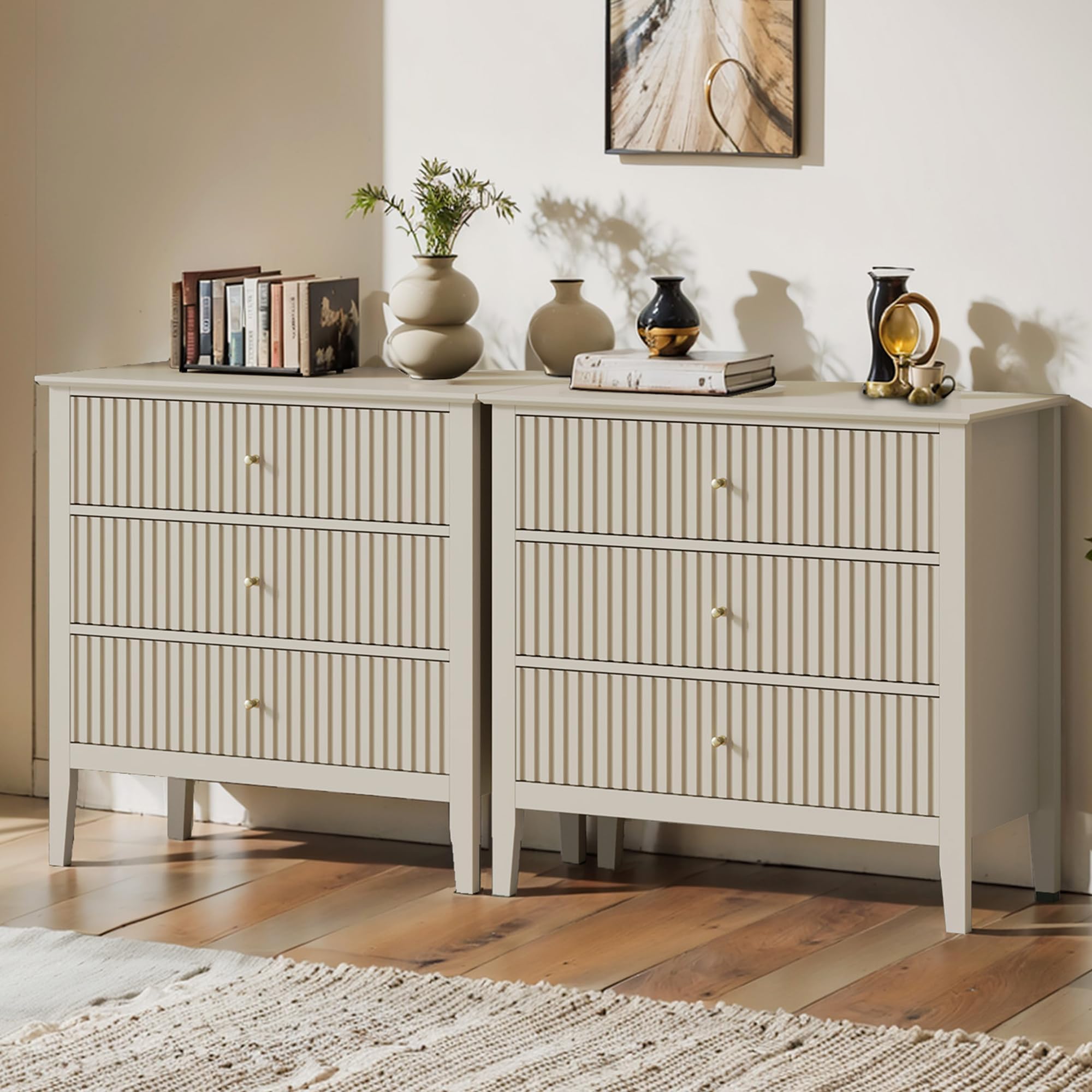 May in Color Large Beige Fluted 3 Drawer Dresser Set of 2, Chest of Drawers with Ball Bearing Slide Modern 30 inch Tall Wood Nig