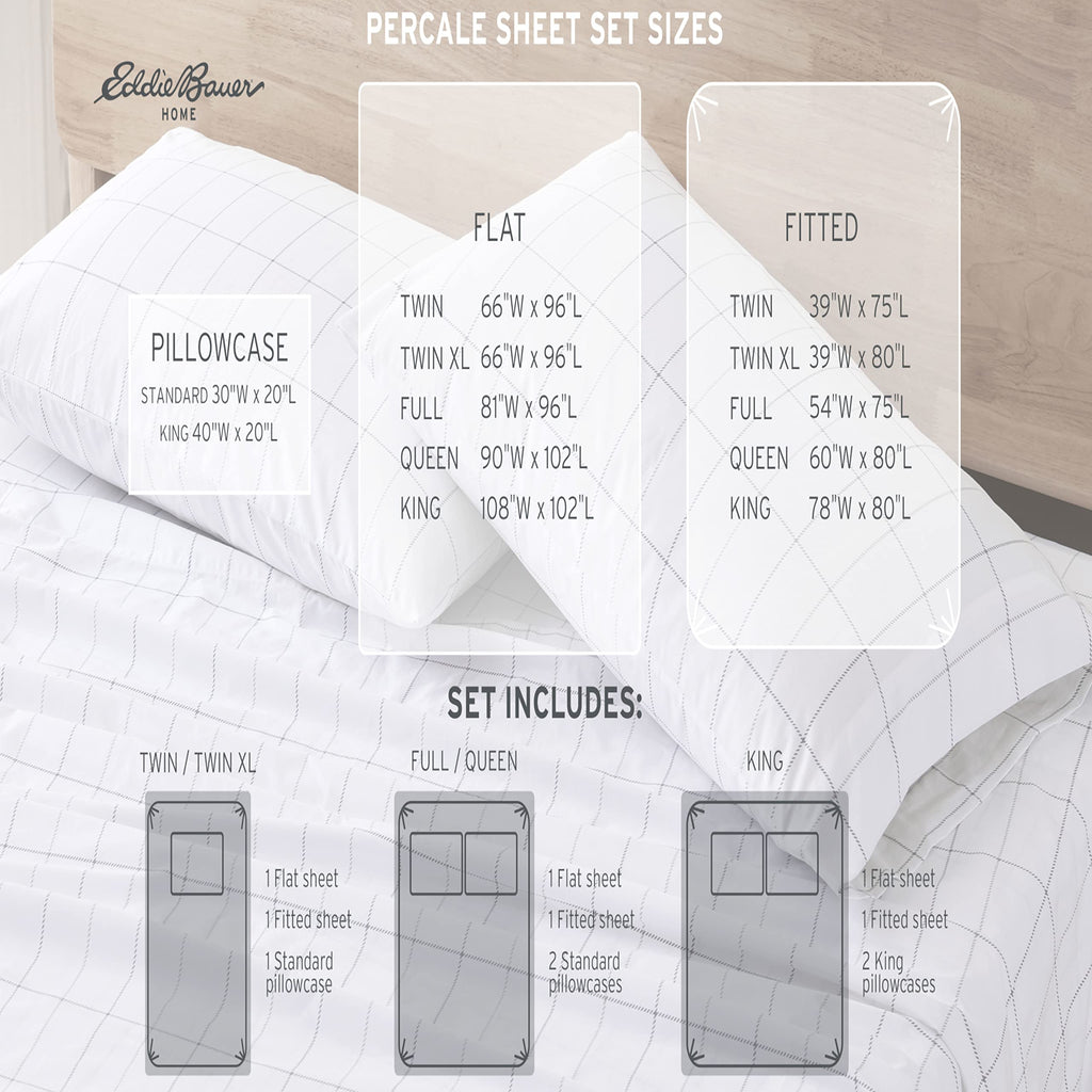 Eddie Bauer - Twin Xl Sheets, Cotton Percale Bedding Set, Crisp & Cool Home Decor (Downstream, Twin Xl)