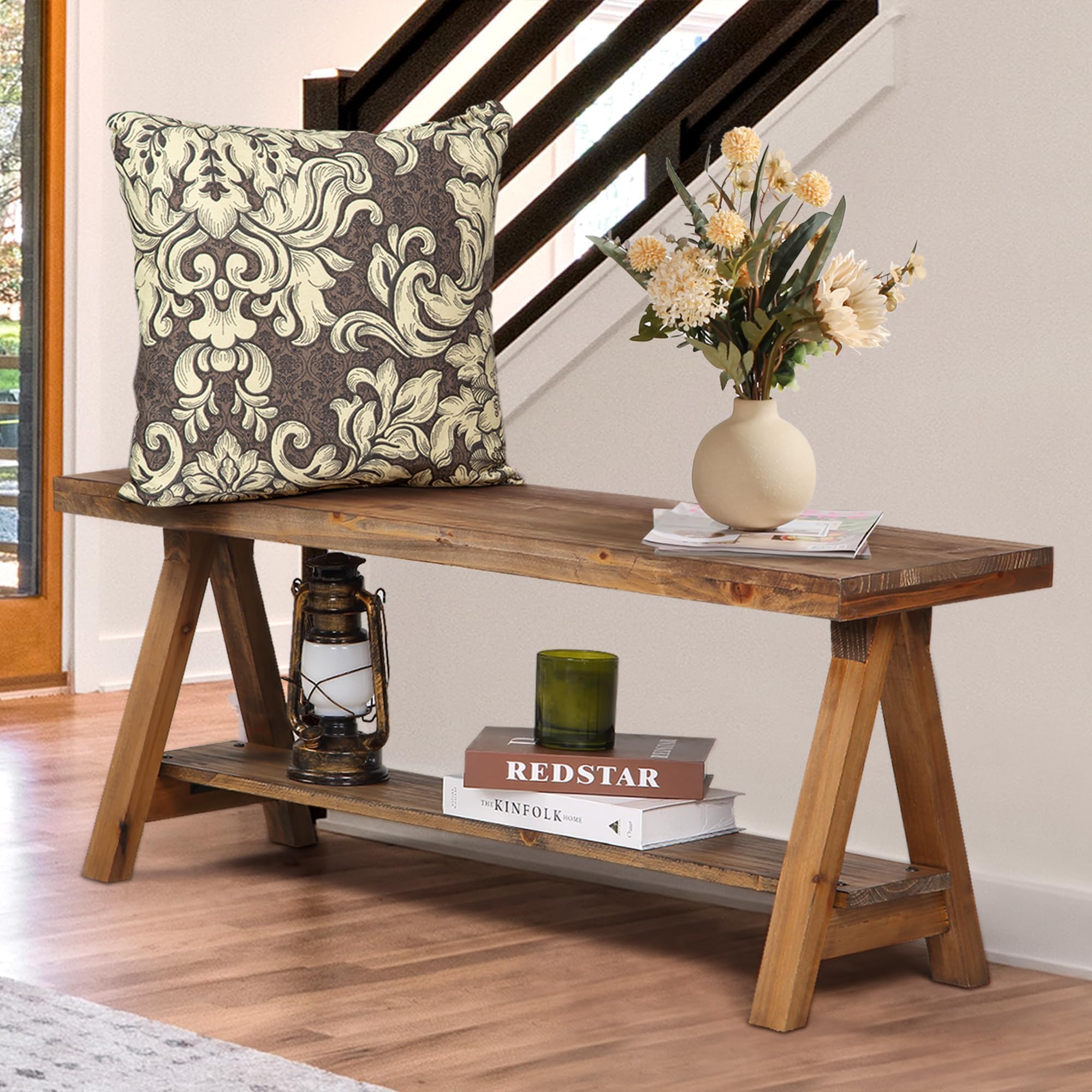 Wnutrees 43  Farmhouse Wood Bench, Long Rustic Indoor Storage Bench for Entryway, Living Room, Dining Room, Solid Wood Construct
