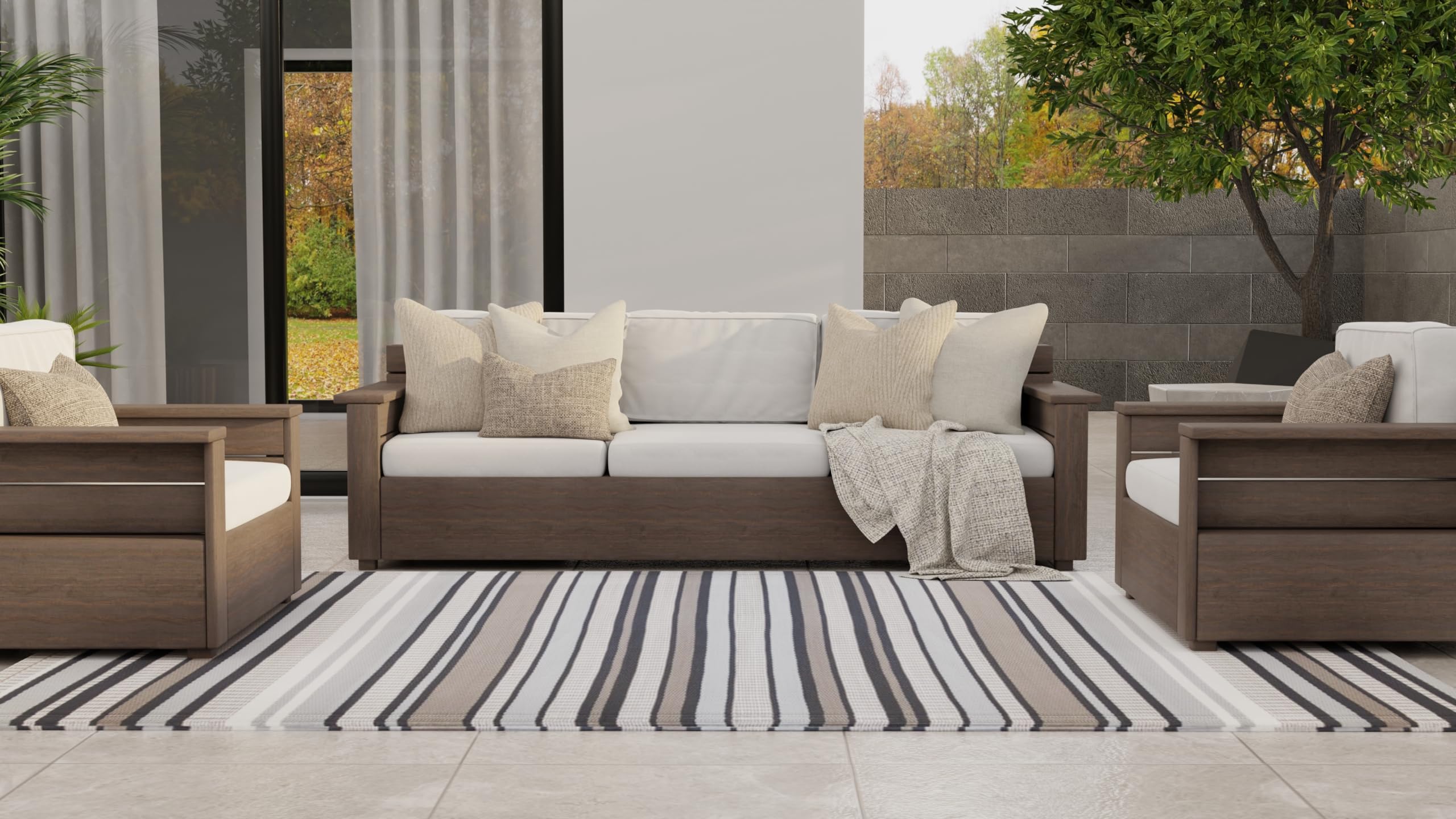 Mad Mats Geometric Outdoor Rug, Reversible Plastic Mat (5' X 8', Stripes - Cool Grey)