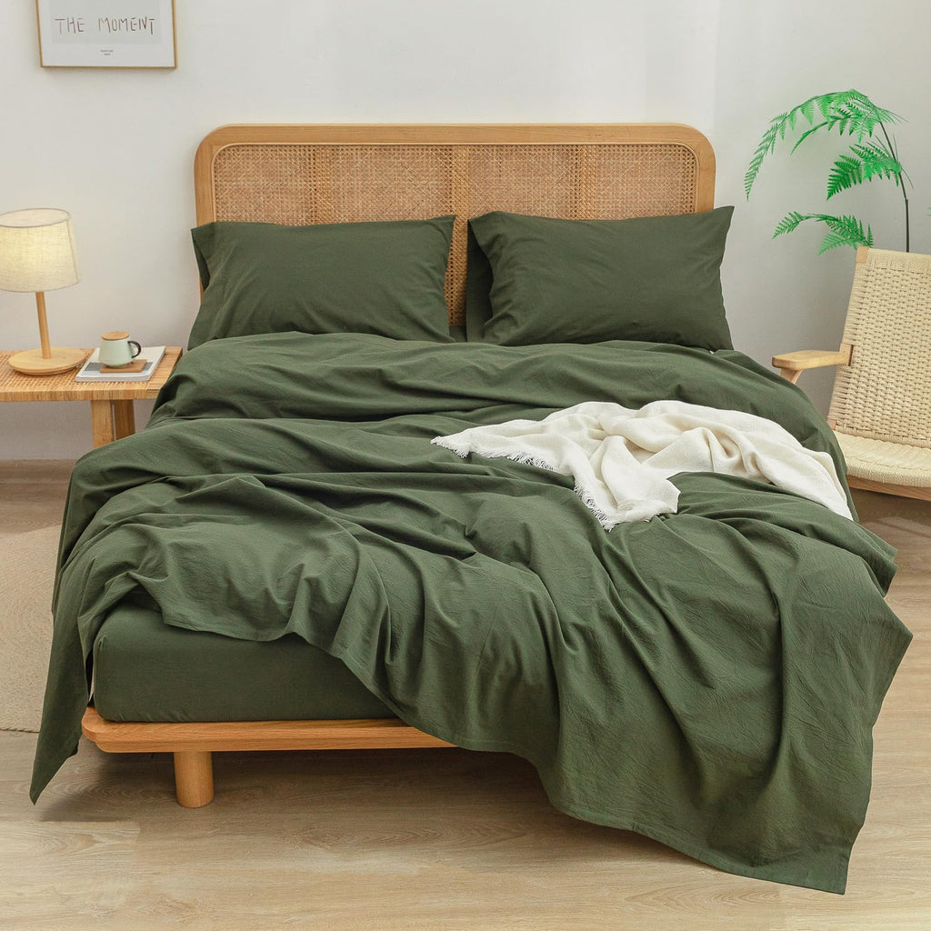 Bestouch Sheet Set 100% Washed Cotton Linen Feel Super Soft Comfortable Chic Lightweight 4 Pcs Home Bedding Set Solid Olive Gree