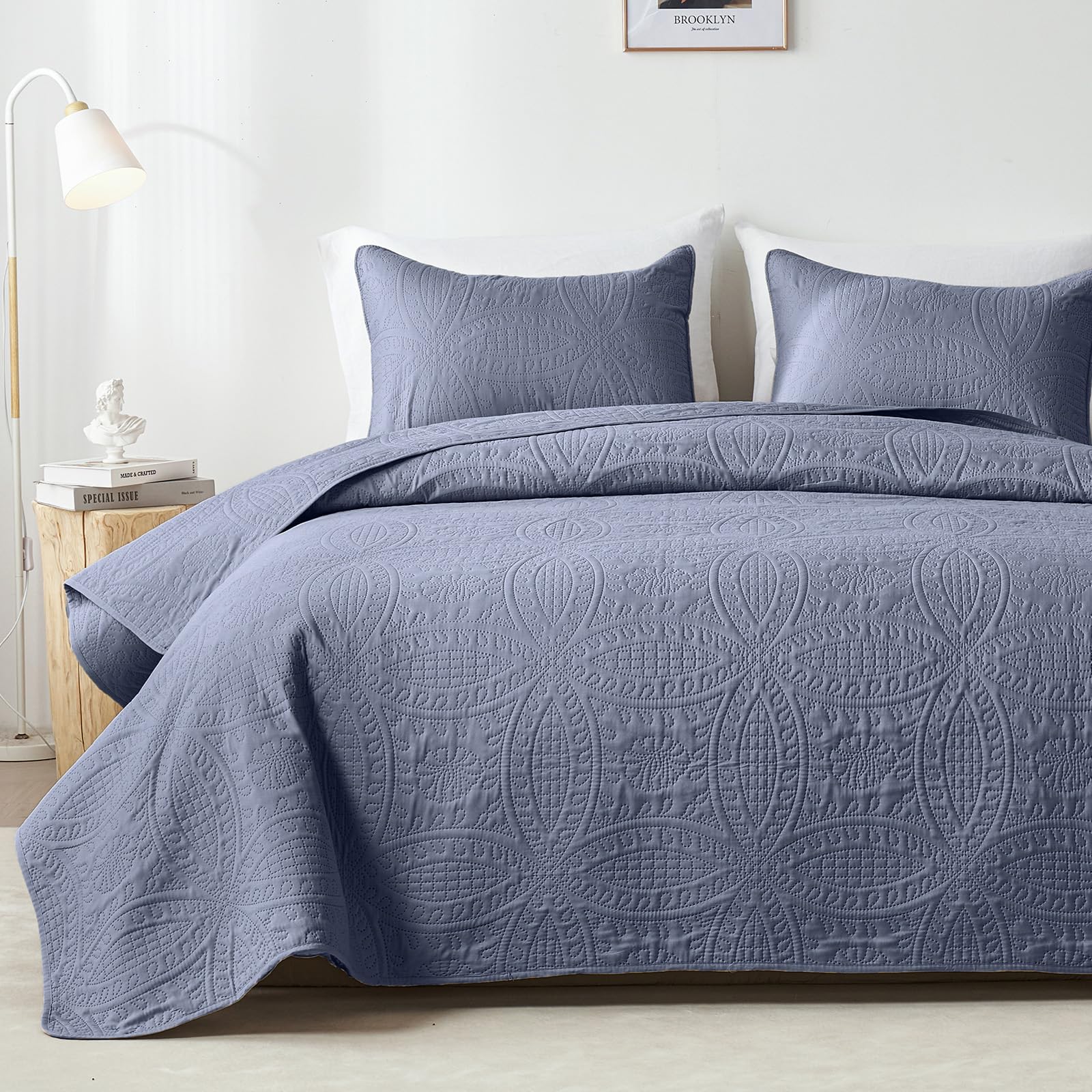 Akkialla King Size Quilt Set,Bluish Grey Ultrasonic Bedspread,Lightweight Soft Coverlet With Modern Coin Pattern,All Season Cali
