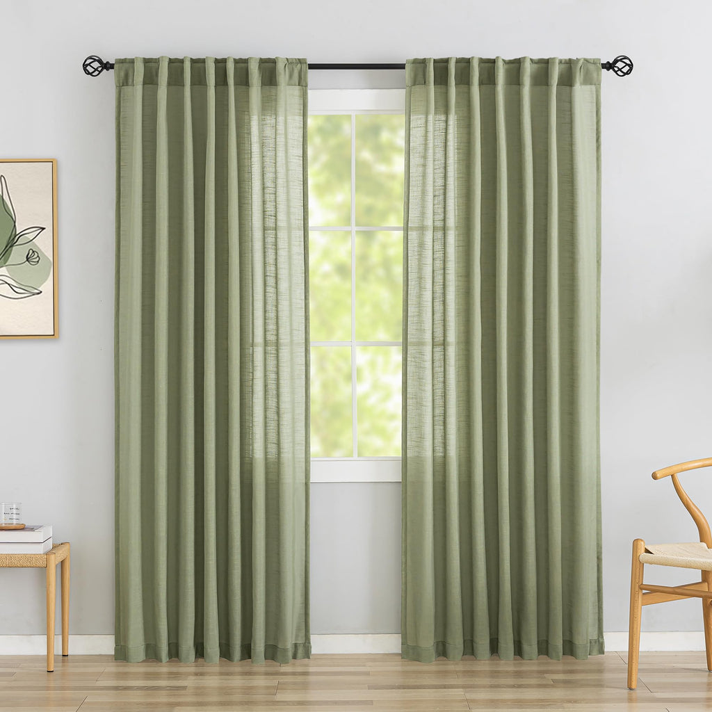 Donren Sage Green Linen Back Tab Curtains 84 Inches Long 2 Panels Set For Bedroom - Modern Farmhouse Hooks Belt Pleated Semi Privacy Drapes Shabby Chic Pocket Light Filtering Window Curtains