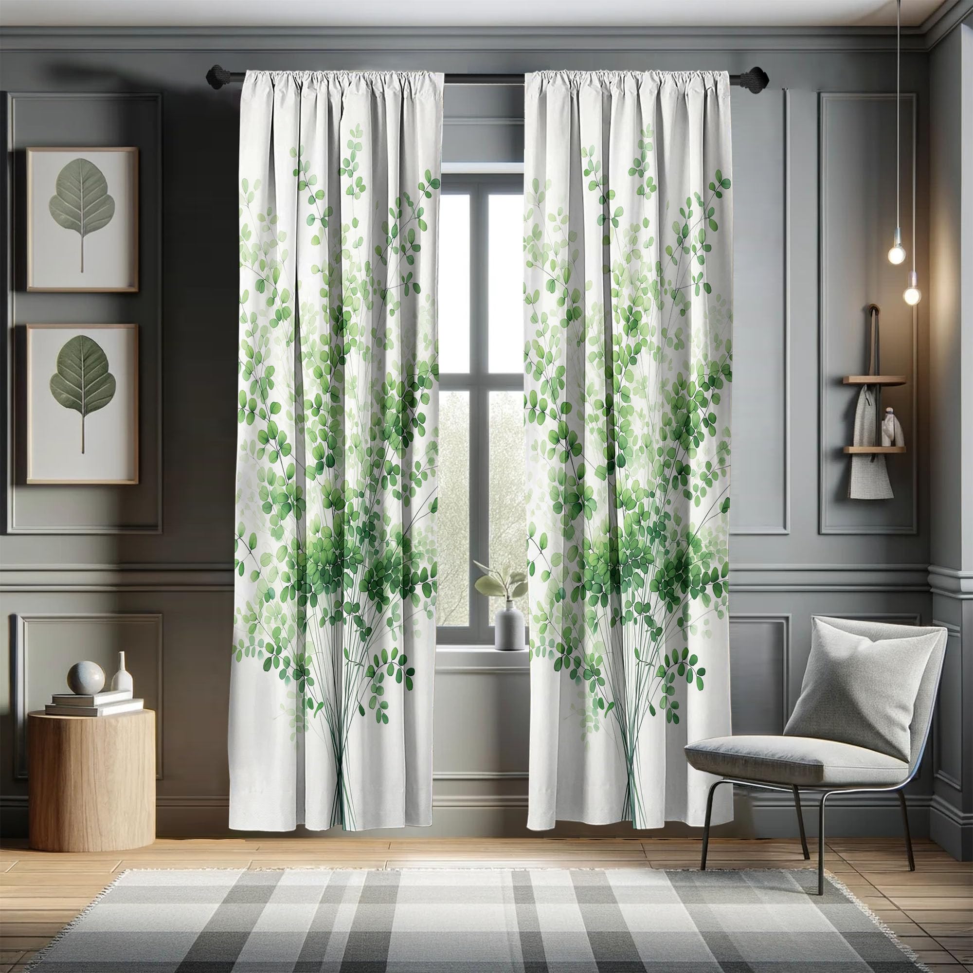 Ambesonne Eucalyptus Window Curtains Pack Of 2, Art Dreamy Leaves Huddle On Plain Backdrop Minimalist Urban Jungle Boho, Lightwe
