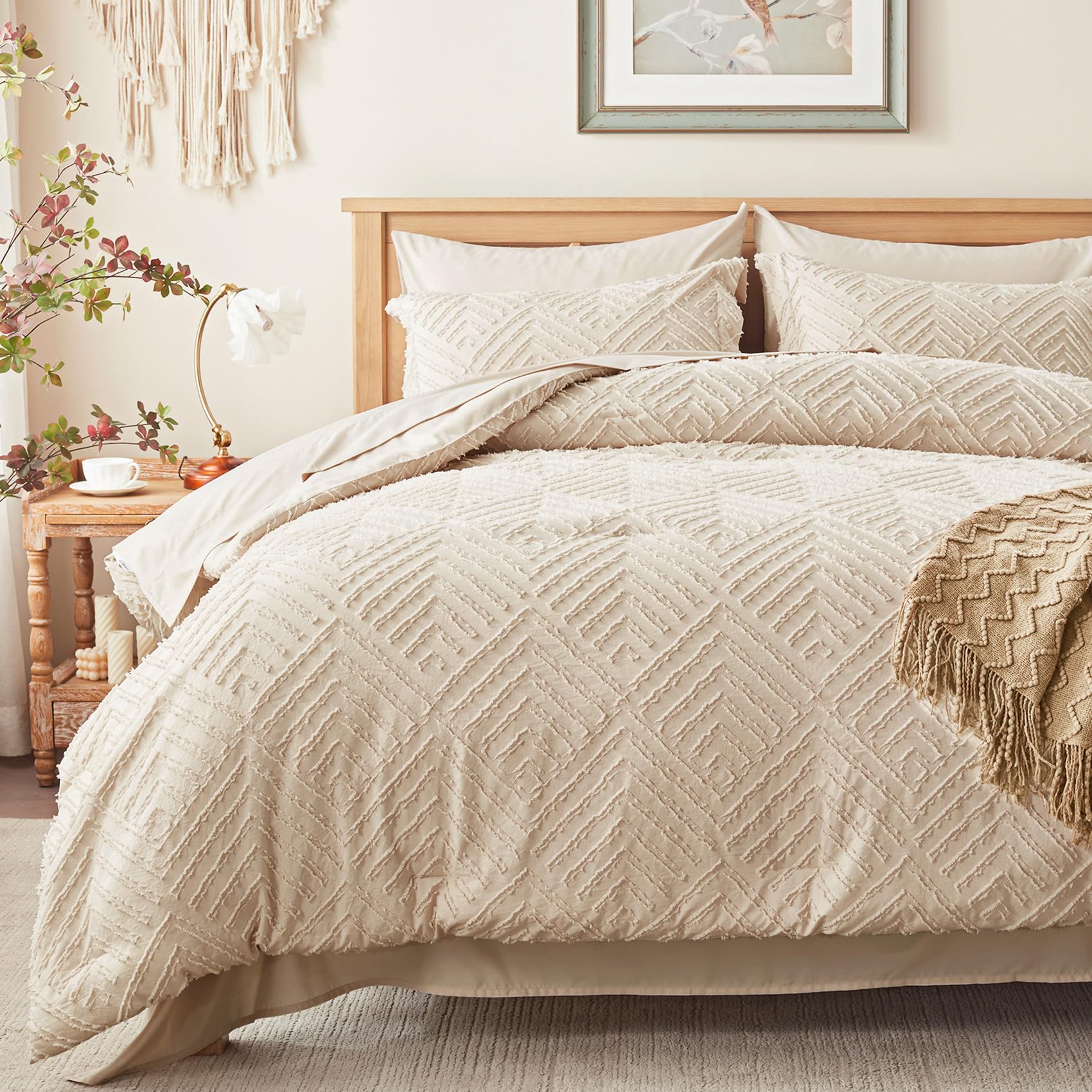 Zzlpp King Comforter Set 7 Pieces, Beige Tufted Bed In A Bag With Comforter And Sheets, All Season Boho Bedding Sets With 1 Comf