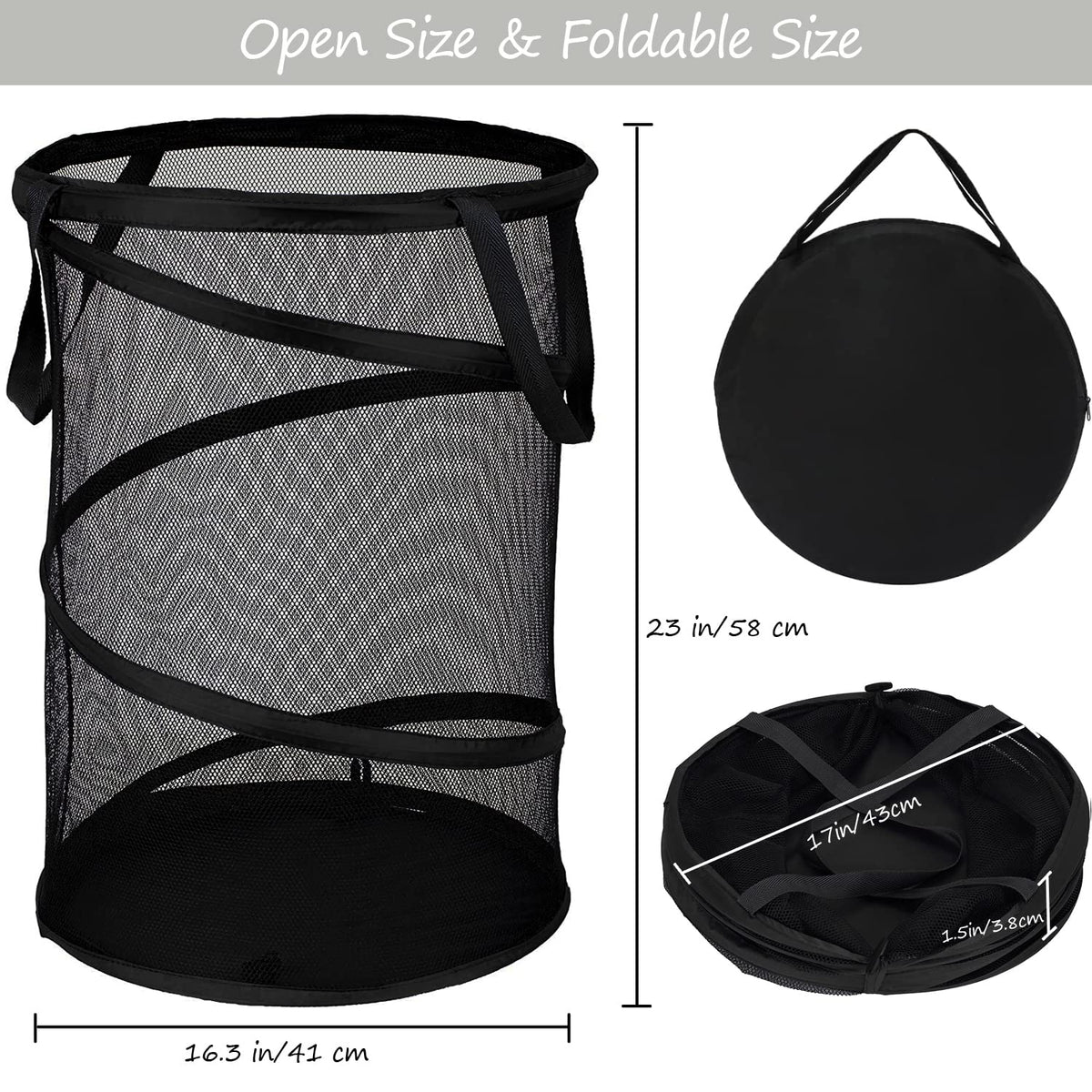 Battoo Black X-Large Collapsible Laundry Basket Foldable Mesh Pop Up Hamper With Handles For Laundry Room, Bathroom, Kids Room,