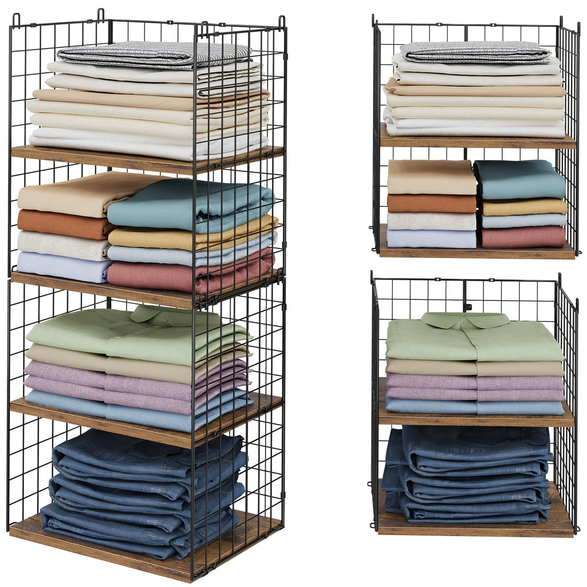 2 Pack Closet Organizers and Storage, Stackable Closet Shelf Organizer Heavy Duty Metal Wire Storage Bins with Adjustable Wood S
