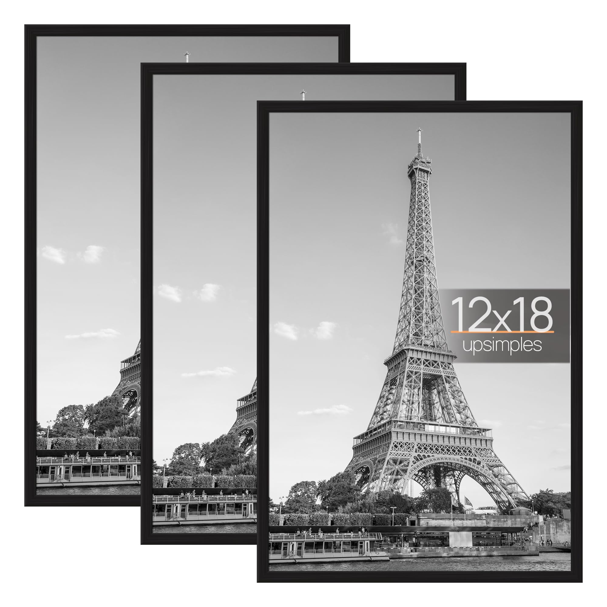 upsimples 12x18 Frame Black 3 Pack, Poster Frames 12 x 18 for Horizontal or Vertical Wall Mounting - Slide-In Photo Frame Strips
