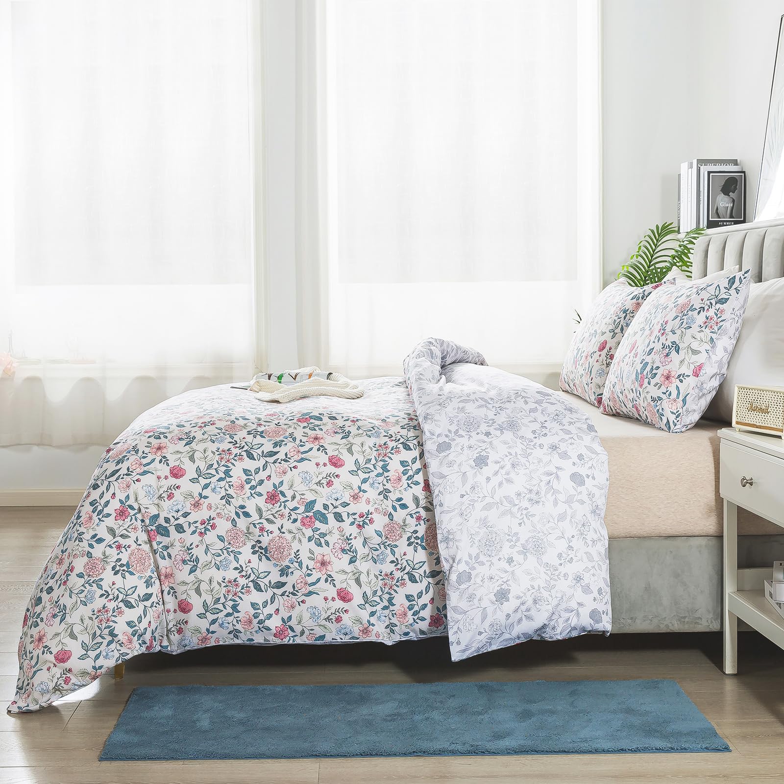 Honeilife King Size Duvet Cover - Cotton Comforter Cover, Soft & Breathable Floral Bedding Duvet Cover Sets With Zipper Closure