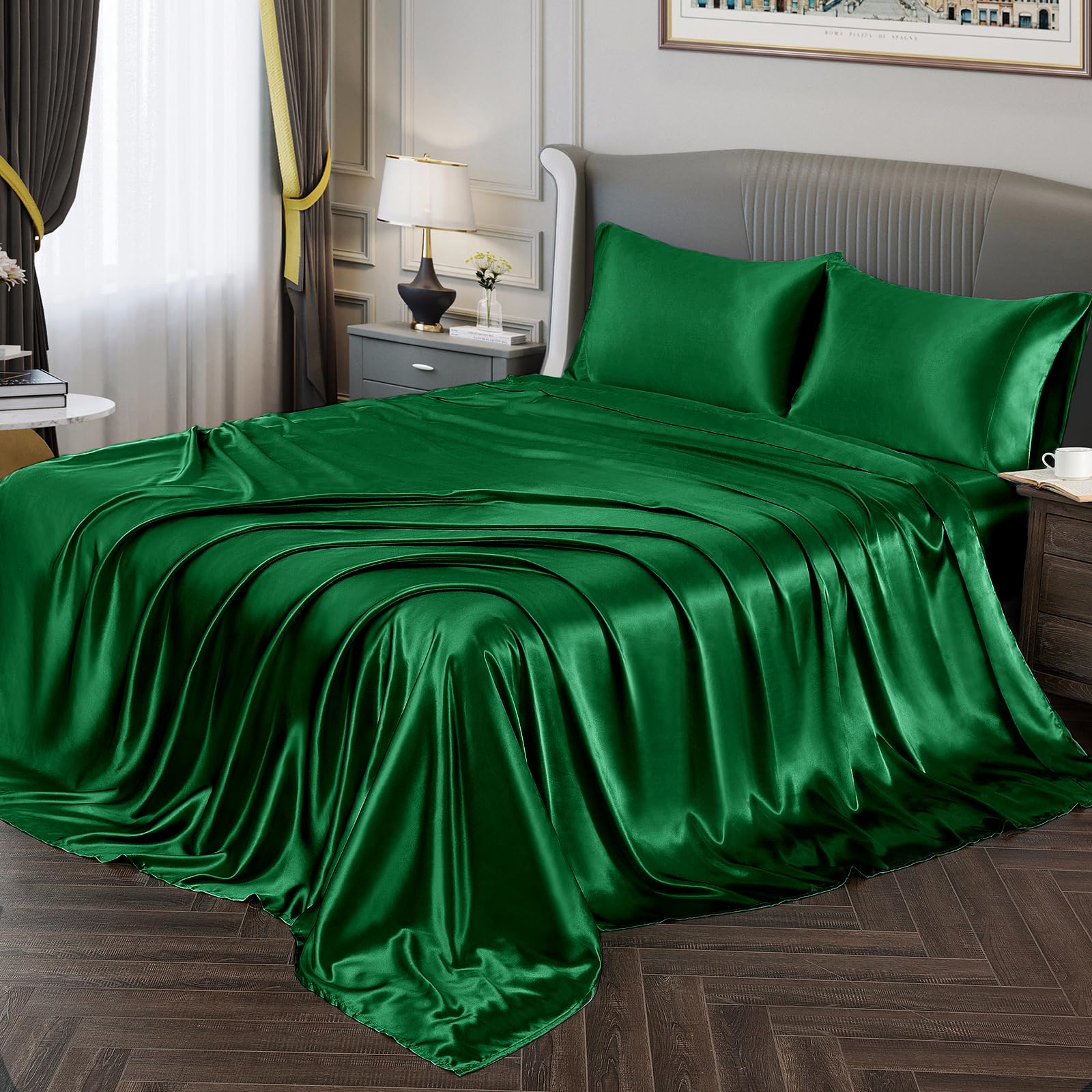 Vonty Satin Sheets Full Size Silky Soft Satin Bed Sheets Green Satin Sheet Set, 1 Deep Pocket Fitted Sheet + 1 Flat Sheet + 2 Pi