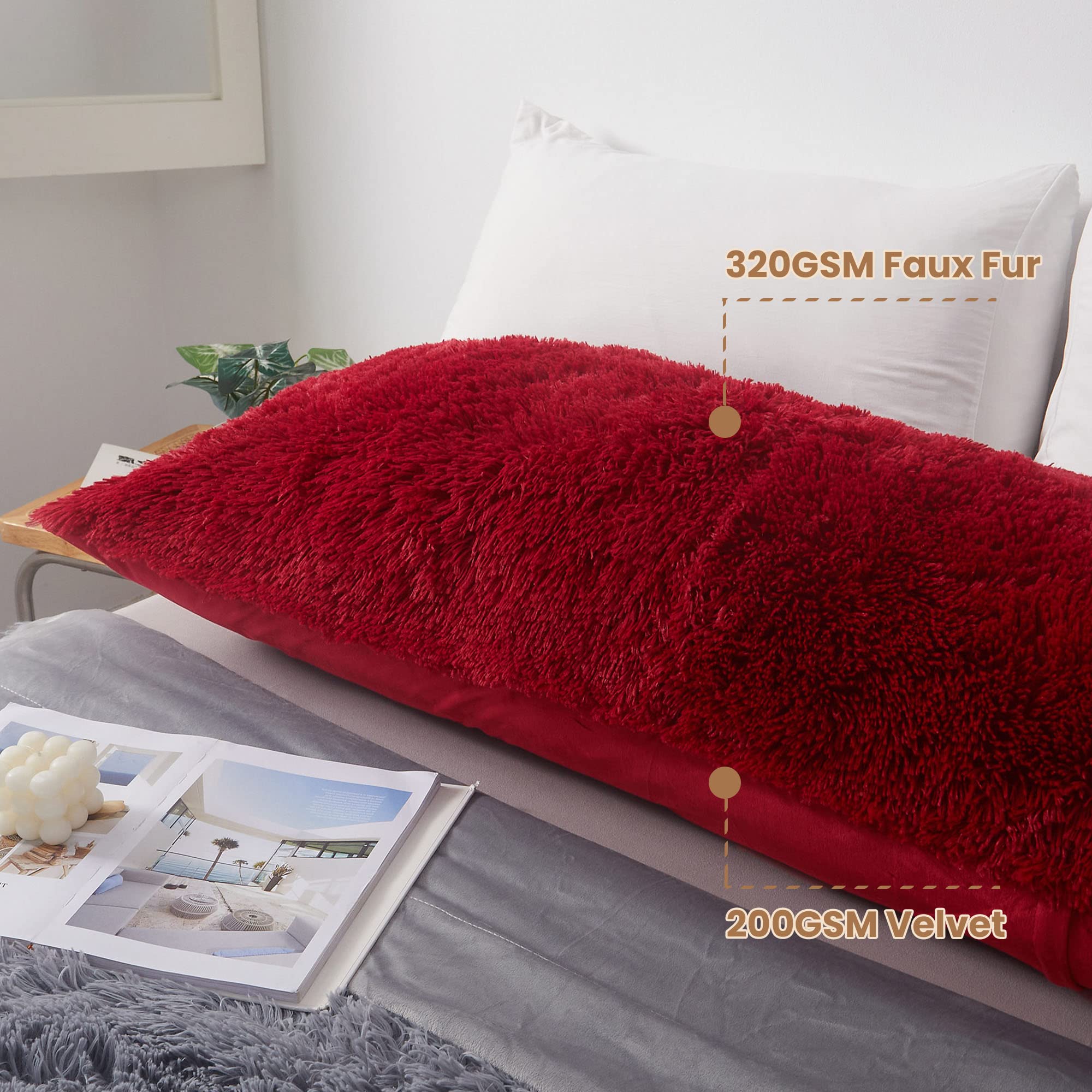 Mego Luxury Fluffy Body Pillow Cover, 20X54 Shaggy Faux Fur Body Pillow Case, Red Soft Plush Fuzzy Body Pillowcase, Decorative F