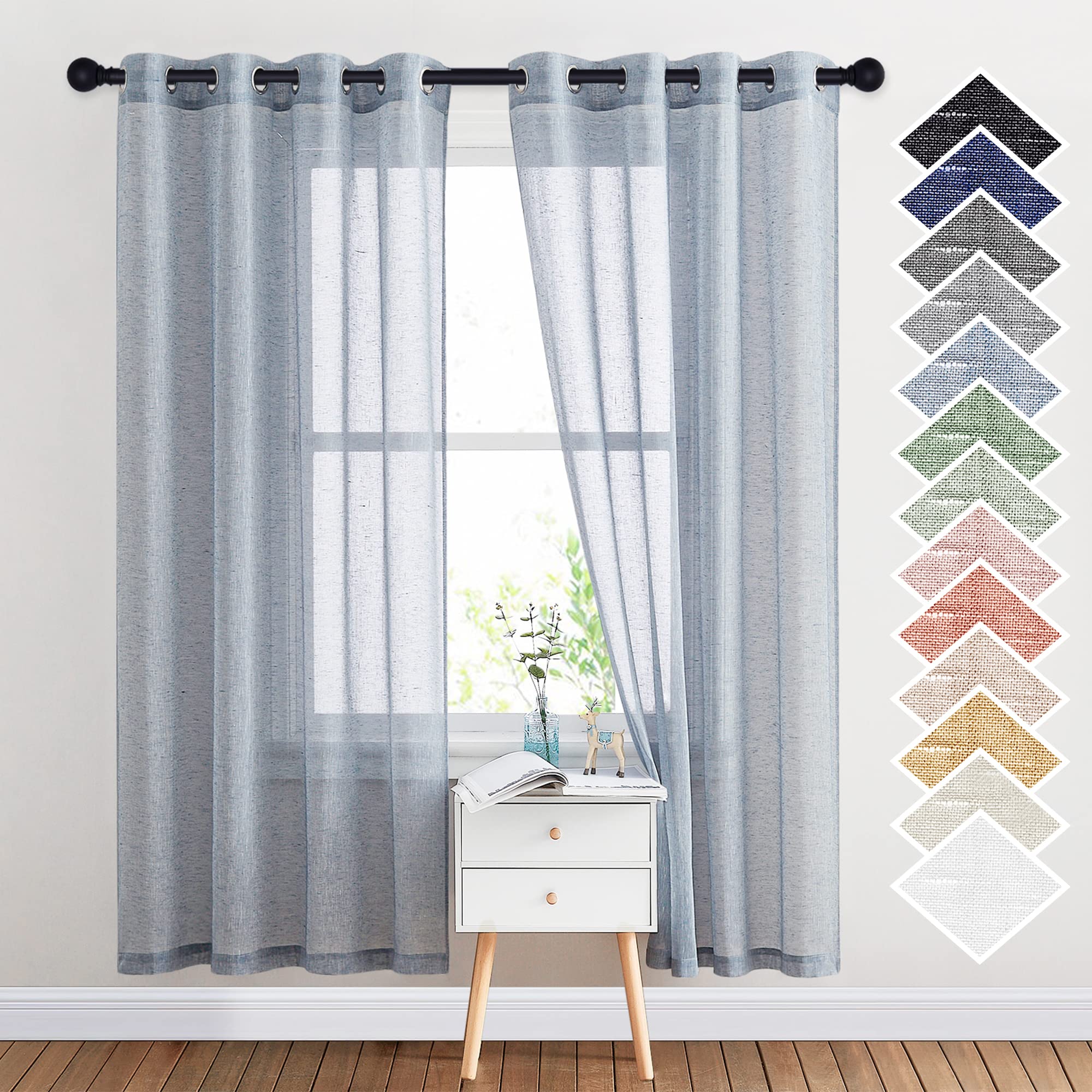 Nicetown Semi Sheer Linen Blend Window Curtains, Grommet Solid Curtain Privacy With Light Filter Flax Texture Window Treatment V