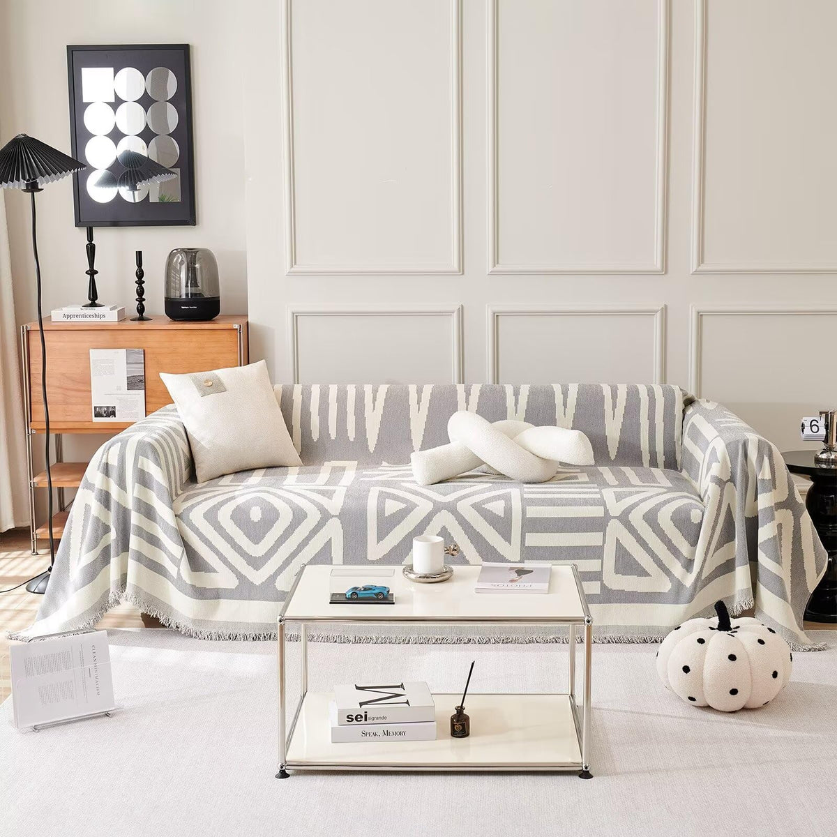 Vclife Boho Geometric Couch Cover Thick Warm Chenille Sofa Slipcover For 3 Cushion Couch Sofa, White Cream Gray Plaid Triangle J