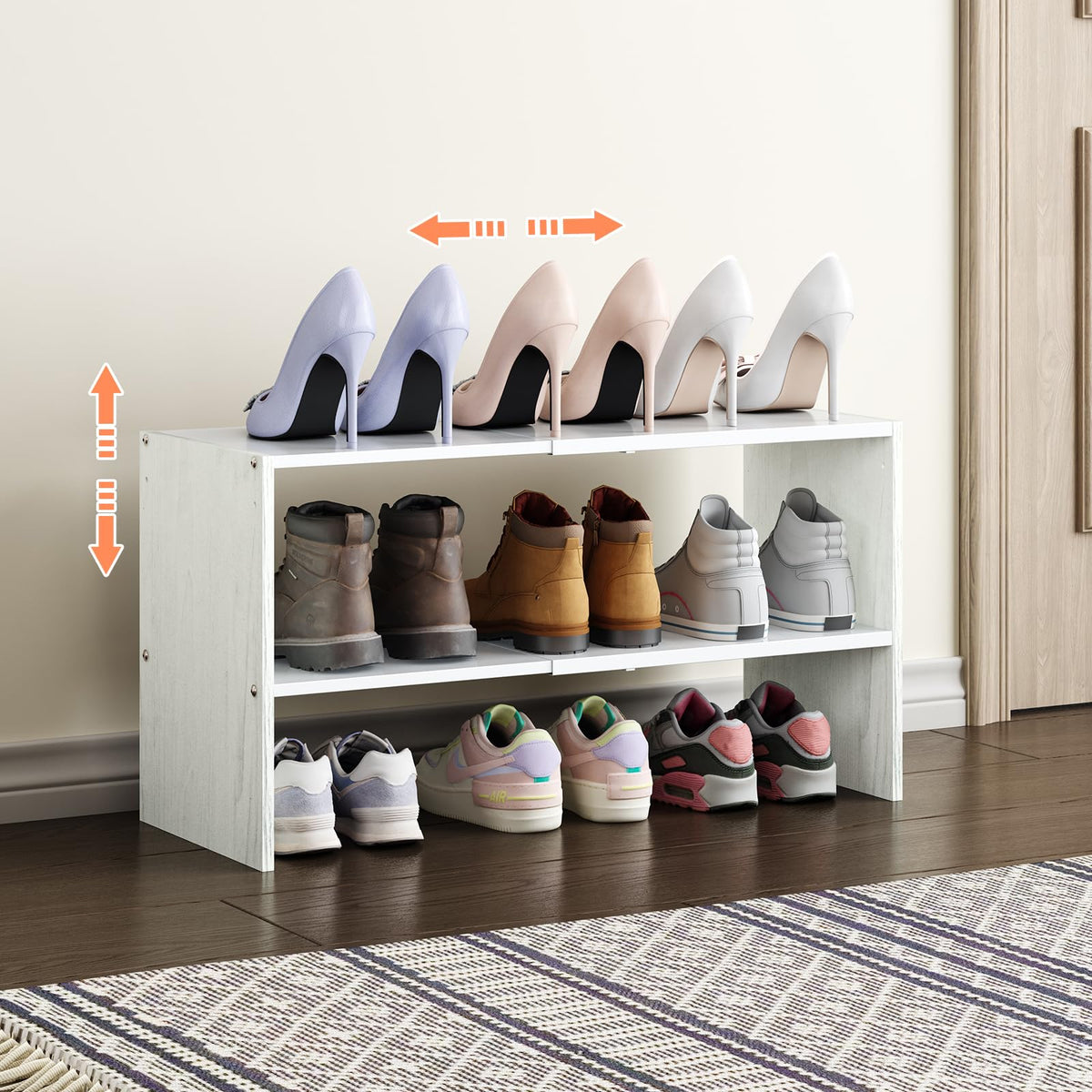 X-cosrack 2-Tier Small Shoe Rack Organizer for Closet, Expandable and Adjustable White Shoe Rack, Stackable Iron Wood Combinatio