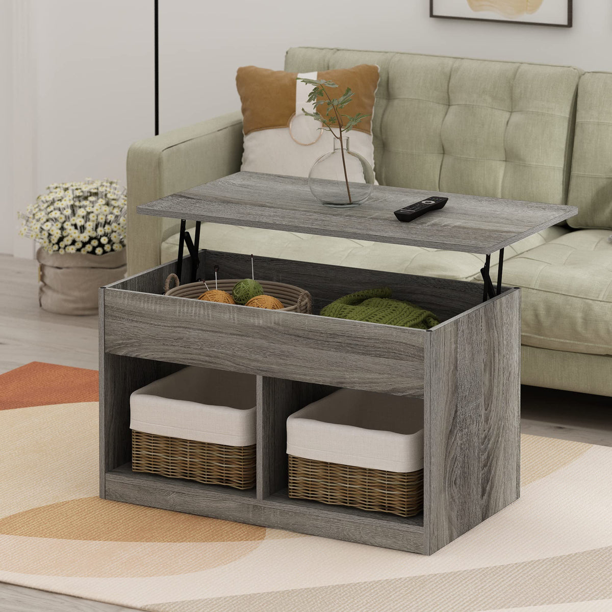 Furinno Jensen Living Room Lift Top Coffee Table with Hidden Compartment, French Oak Grey