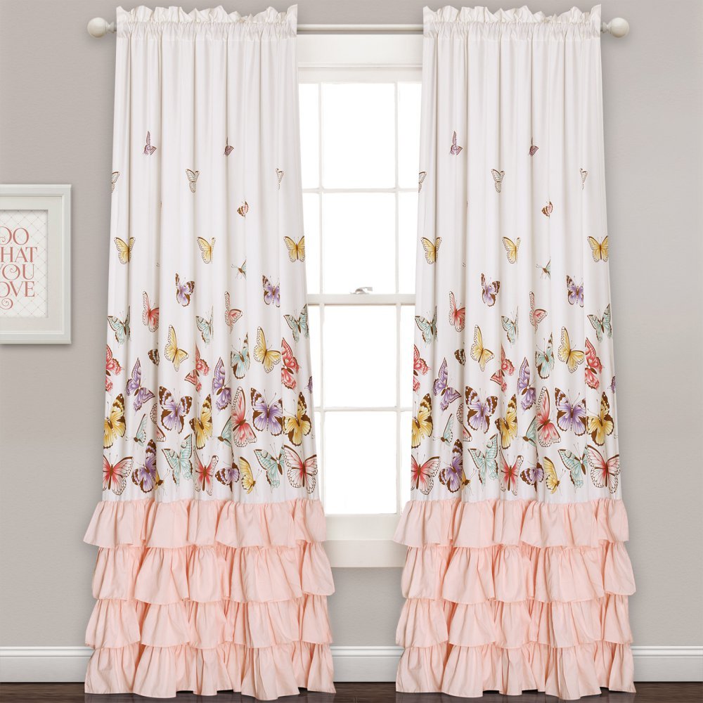 Lush Decor Flutter Butterfly Curtains | Ruffle Print Design Window Panel Set For Living, Dining, Bedroom (Pair), 84    X 52   ,