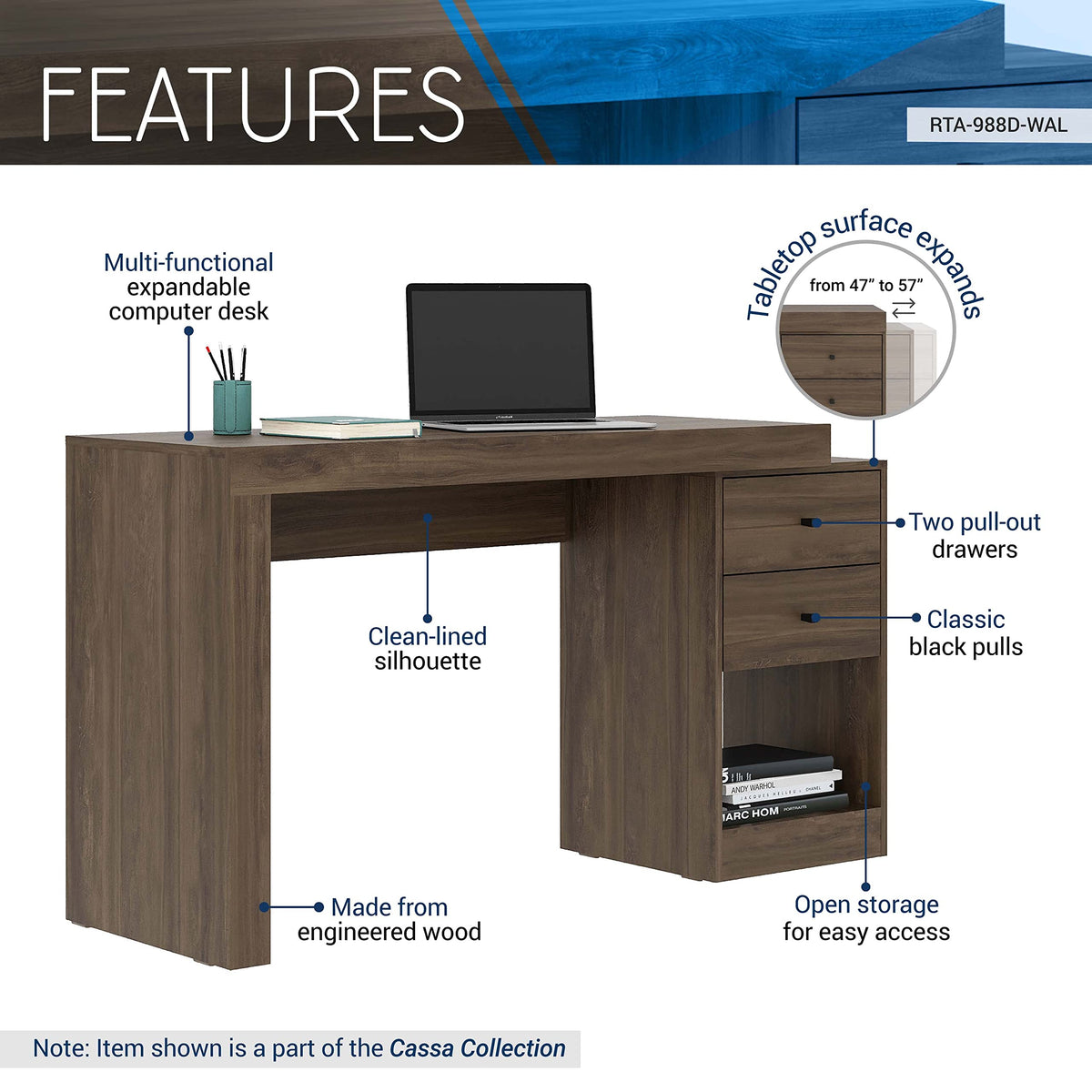 Techni Mobili Expandable Desk With Storage Drawers & Open Shelf - Expands From 47 Inch To 57 Inch - Walnut Computer Desk With Printer Space - Modern Home Office Table With Drawers Blanco Collection