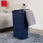 Mind Reader 40L Slim Laundry Hamper, Clothes Basket, Lid, Wicker Design, Plastic, 18''L X 10.4''W X 23.5''H, Navy