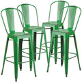 4 Pk. 30 High Distressed Green Metal Indoor Barstool with Back