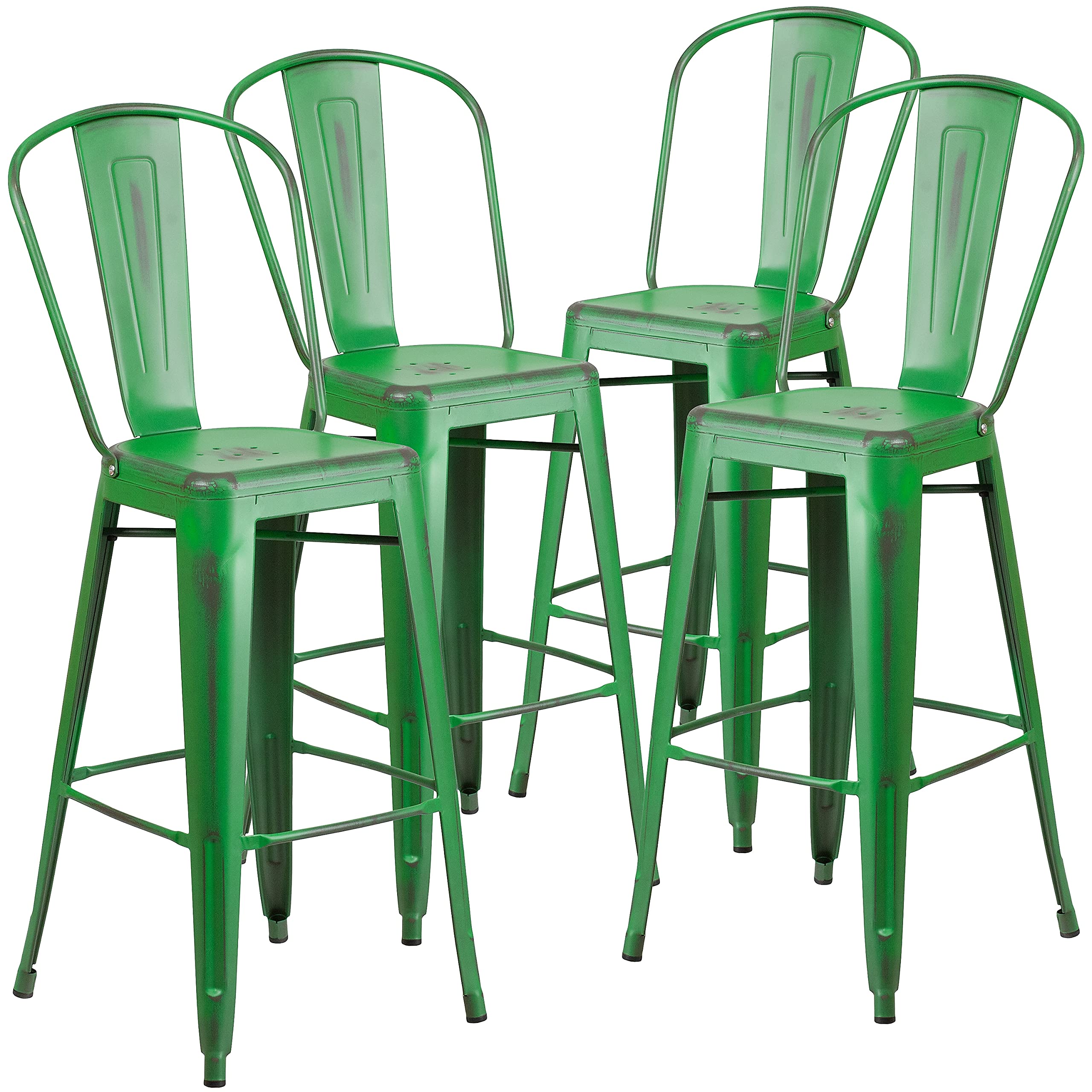 4 Pk. 30 High Distressed Green Metal Indoor Barstool with Back