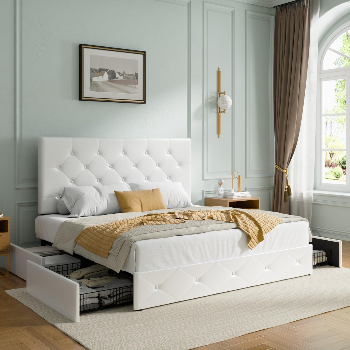 SHA CERLIN Upholstered Full Platform Storage Bed Frame with 4 Drawers, Adjustable Headboard with Faux Leather Diamond Button Tuf