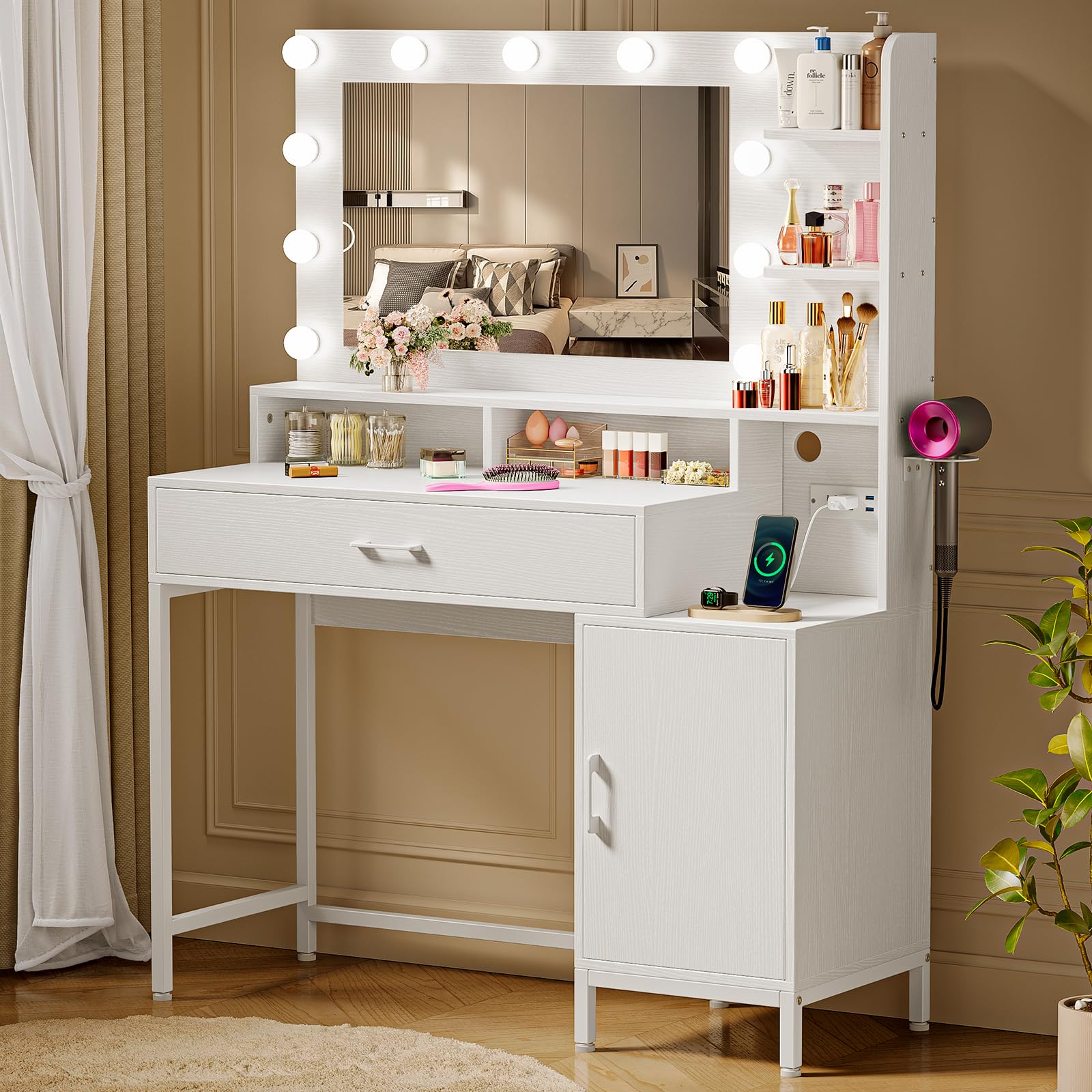 Driftalia Vanity Desk with Mirror and Lights, Makeup Vanity with Storage Drawer, Power Outlet and Large Cabinet for Bedroom - Wh