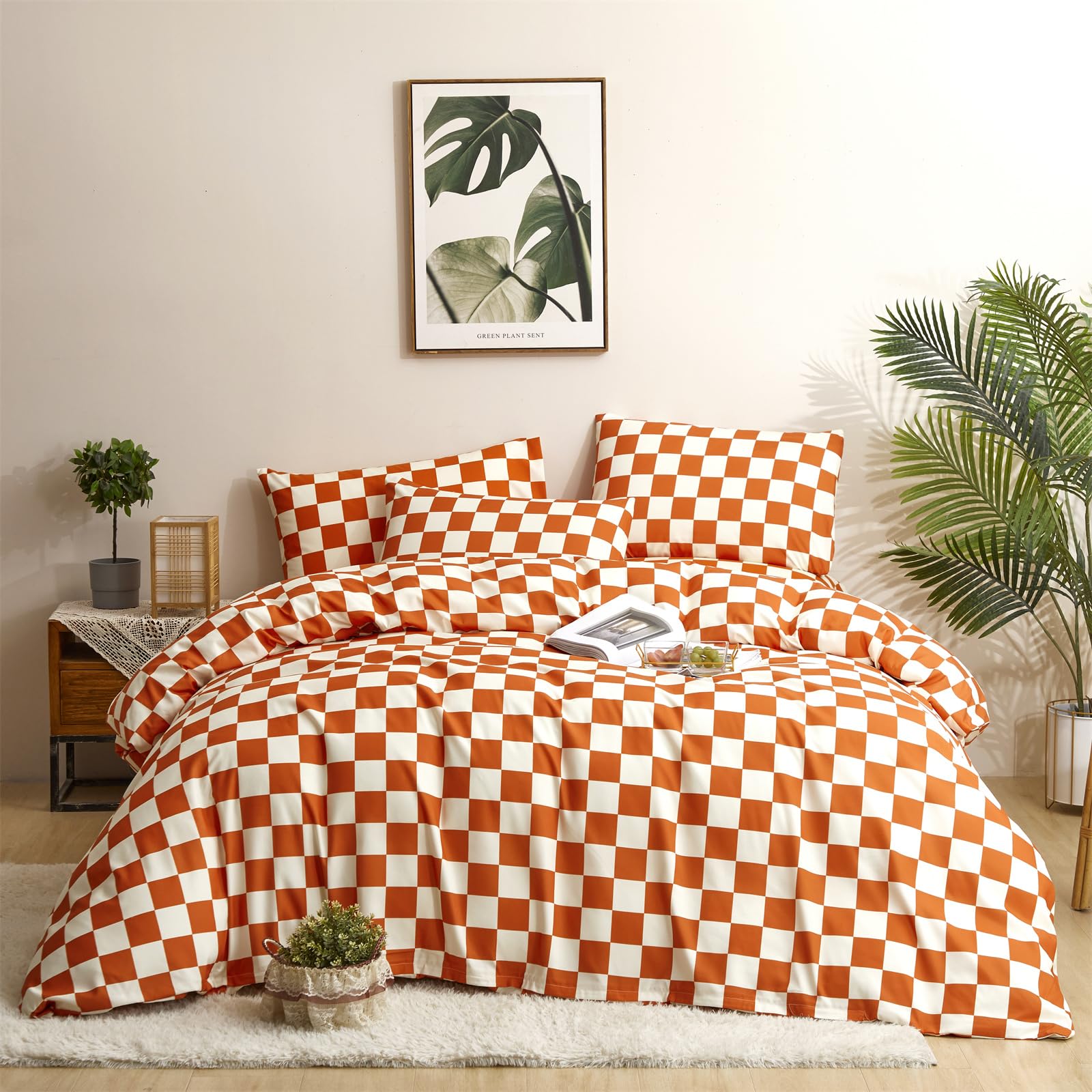 Clothknow Rust Plaid California King Comforter Set 3Pcs Rust Bedding Comforter Sets Geometric Comforter Caramel Buffalo Checker