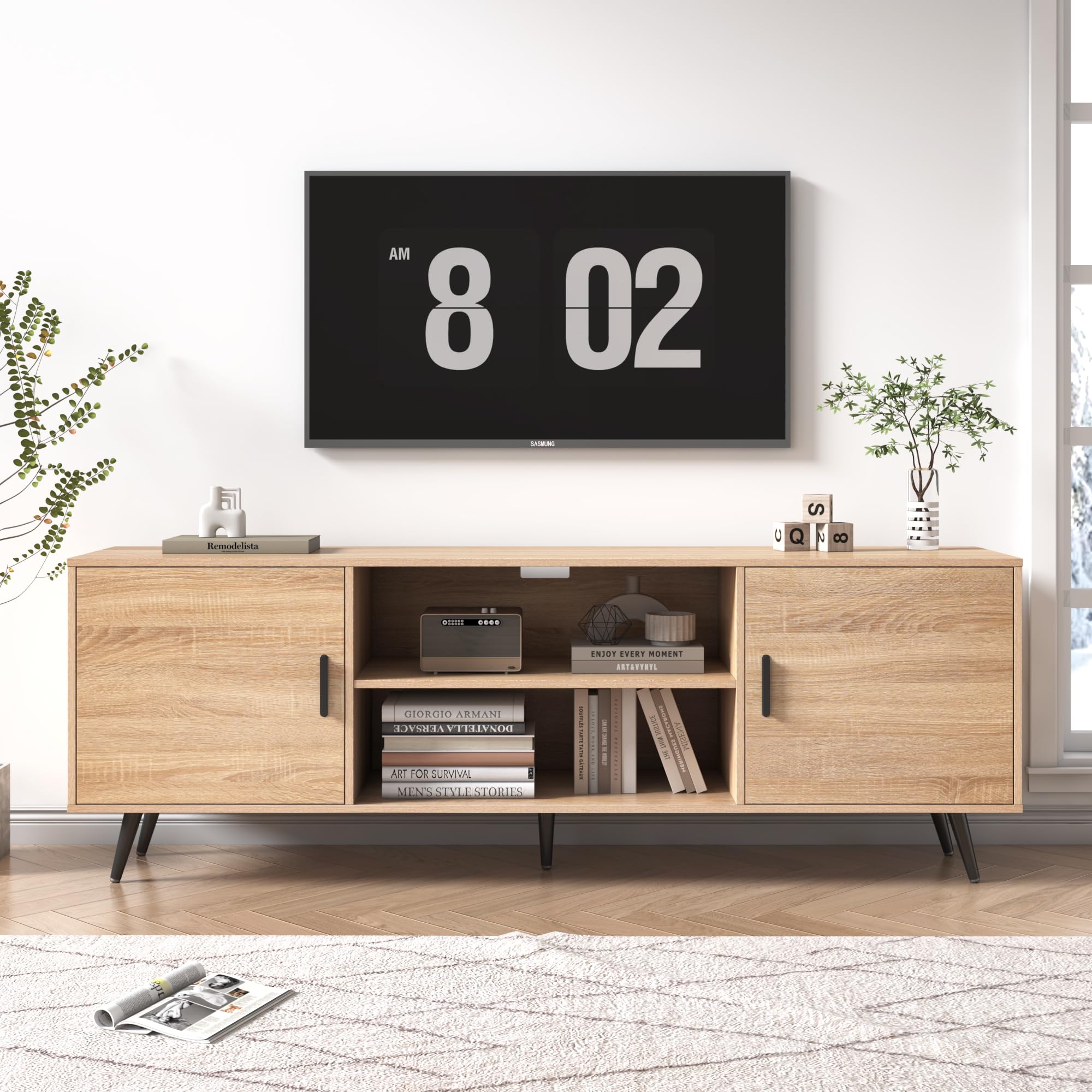 Auxsoul 70 Inch Mid Century Modern Tv Stand For 75 Inch Tv, Wood Tv Stand With Storage, Entertainment Center For Living Room Bedroom, Tv Media Console, Oak