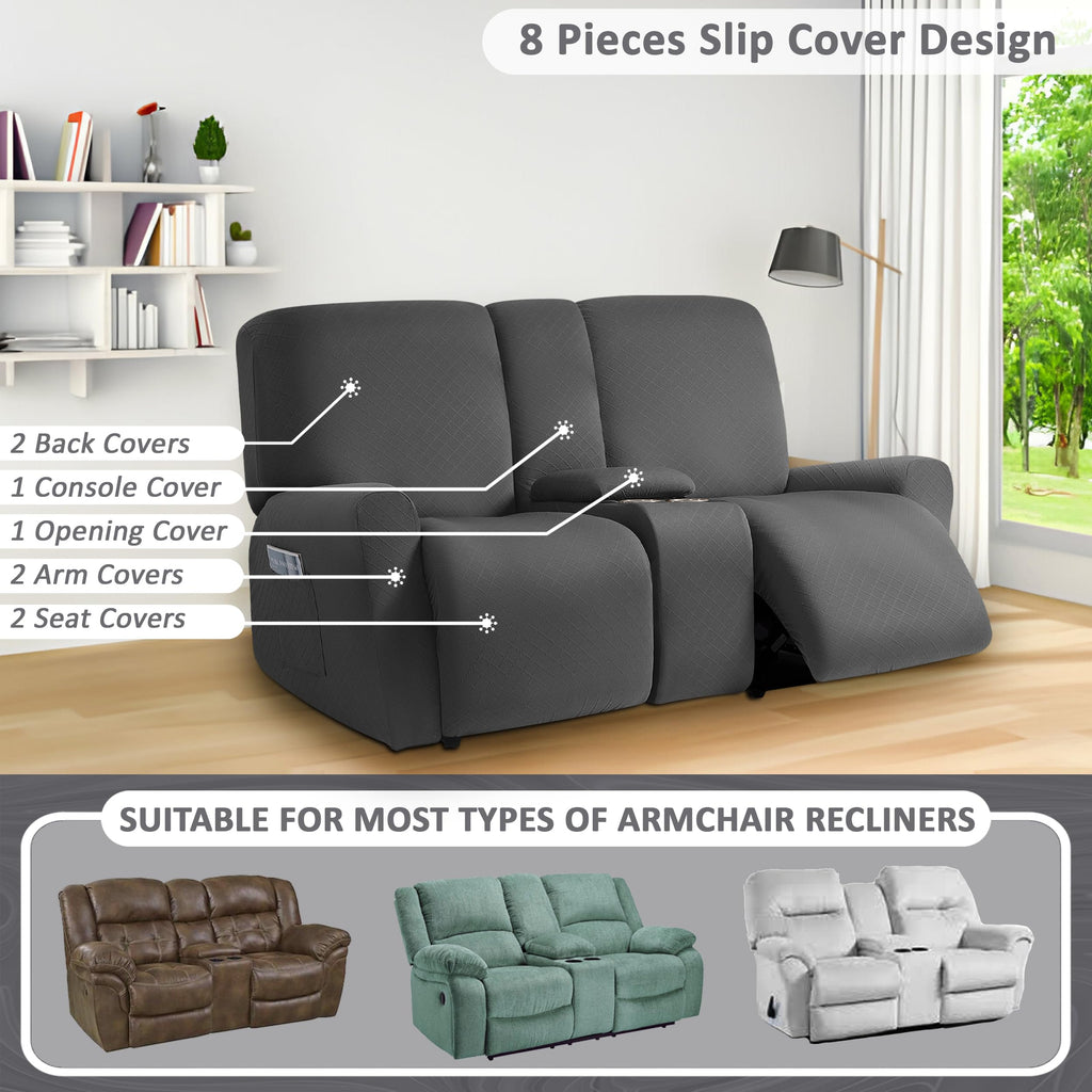 ULTICOR 8-Piece Reclining Loveseat with Console Slipcover, Jacquard Fabric, Dark Grey
