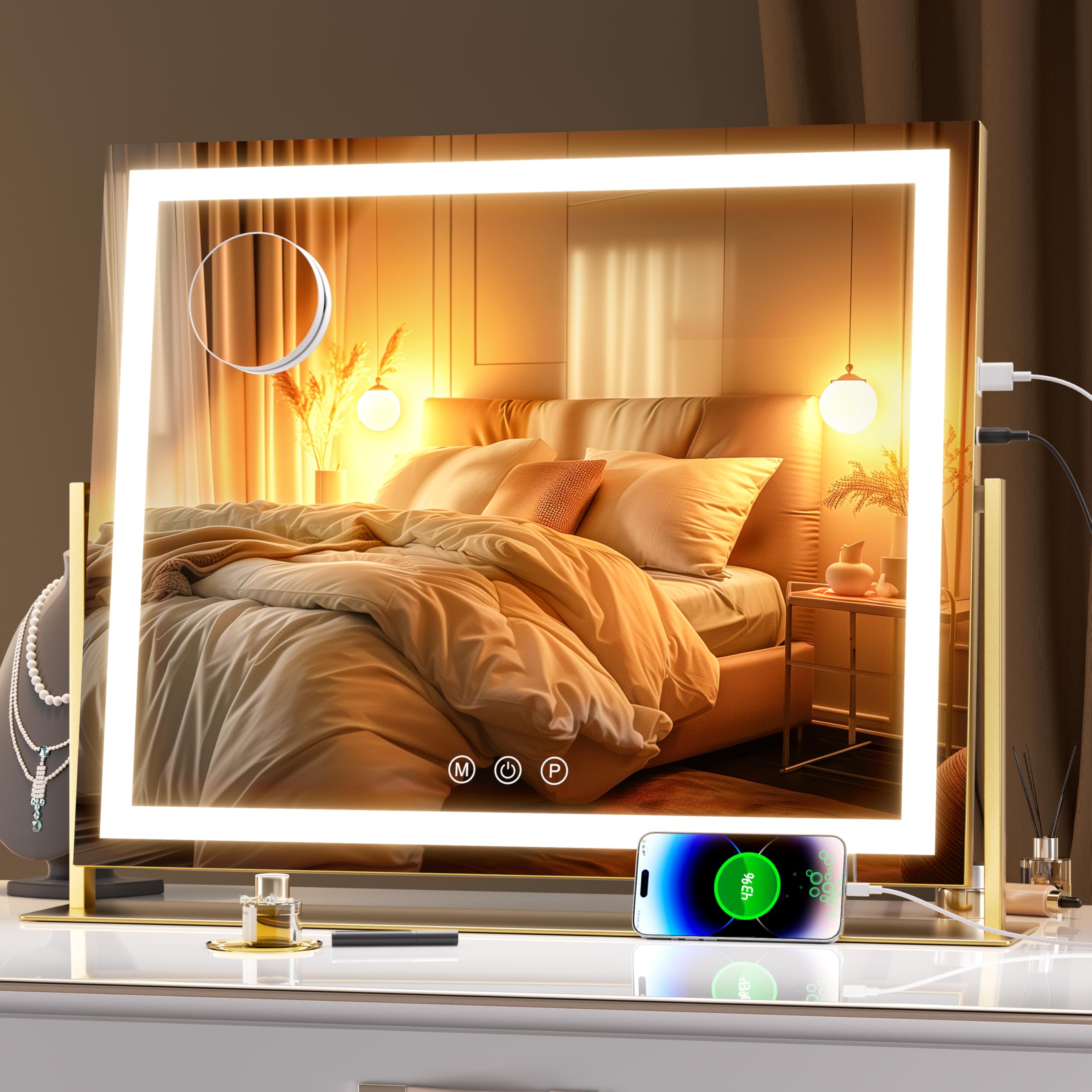 Hasipu Vanity Mirror with Lights, 23.6 x 18.1 LED Makeup Mirror, Light up Mirror with 10X Magnification, USB Charging Port, Smar