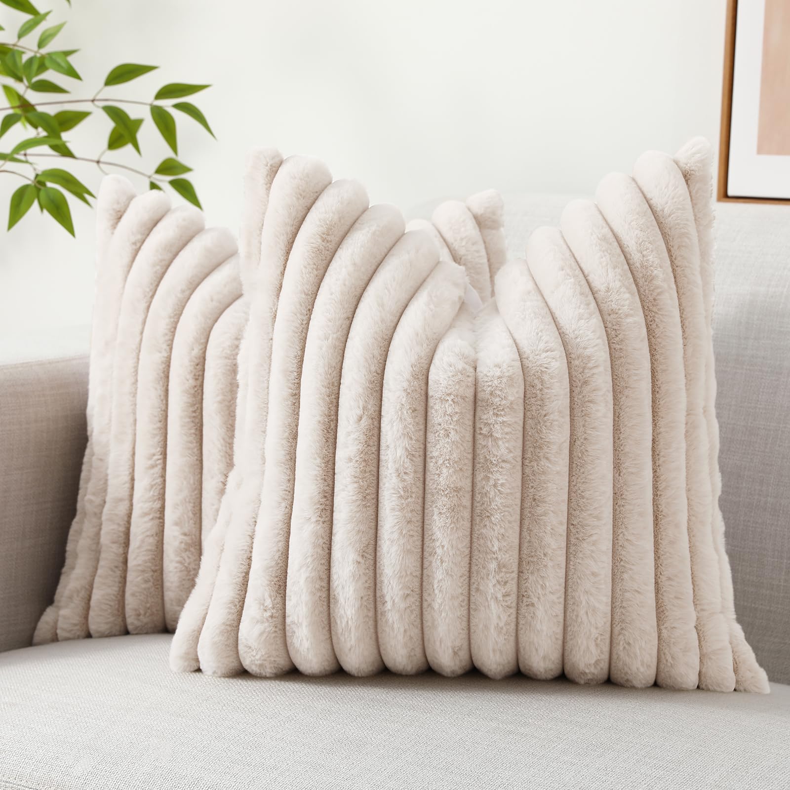 Decoruhome Faux Fur Throw Pillow Covers 20X20 Set Of 2, Decorative Soft Plush Striped Couch Pillow Covers With Velvet Back For S