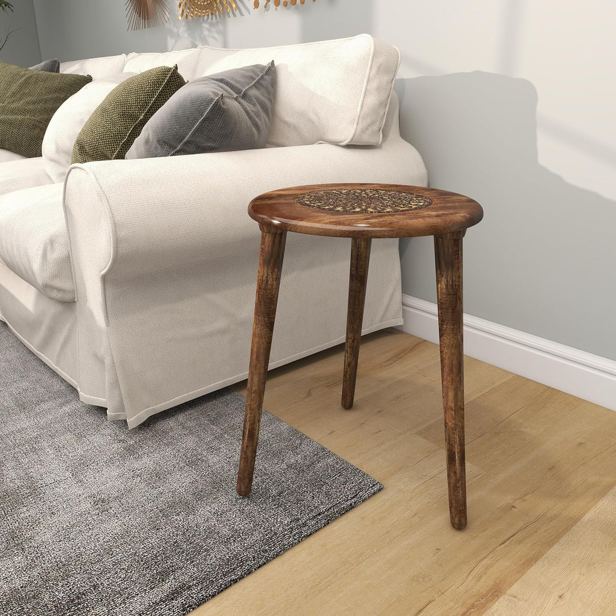 Vasil Mart Wooden Table With Three Legs A Modern Round Coffee Table And Side Table For Small Spaces With Pillar Coffee Table For