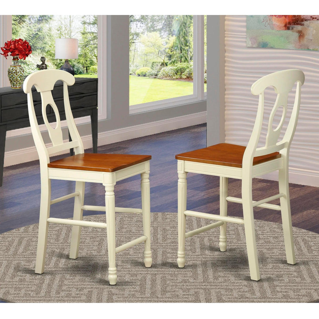 East West Furniture KES-WHI-W Kenley Counter Height Dining Napoleon Back Solid Wood Seat Chairs, Set of 2, Buttermilk & Cherry
