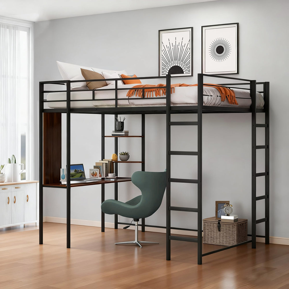 Bellemave Full Size Loft Bed With Desk And 2 Shelves, Metal Loft Bed Frame With 2 Ladders And Guardrails For Kids Teens (Black/F