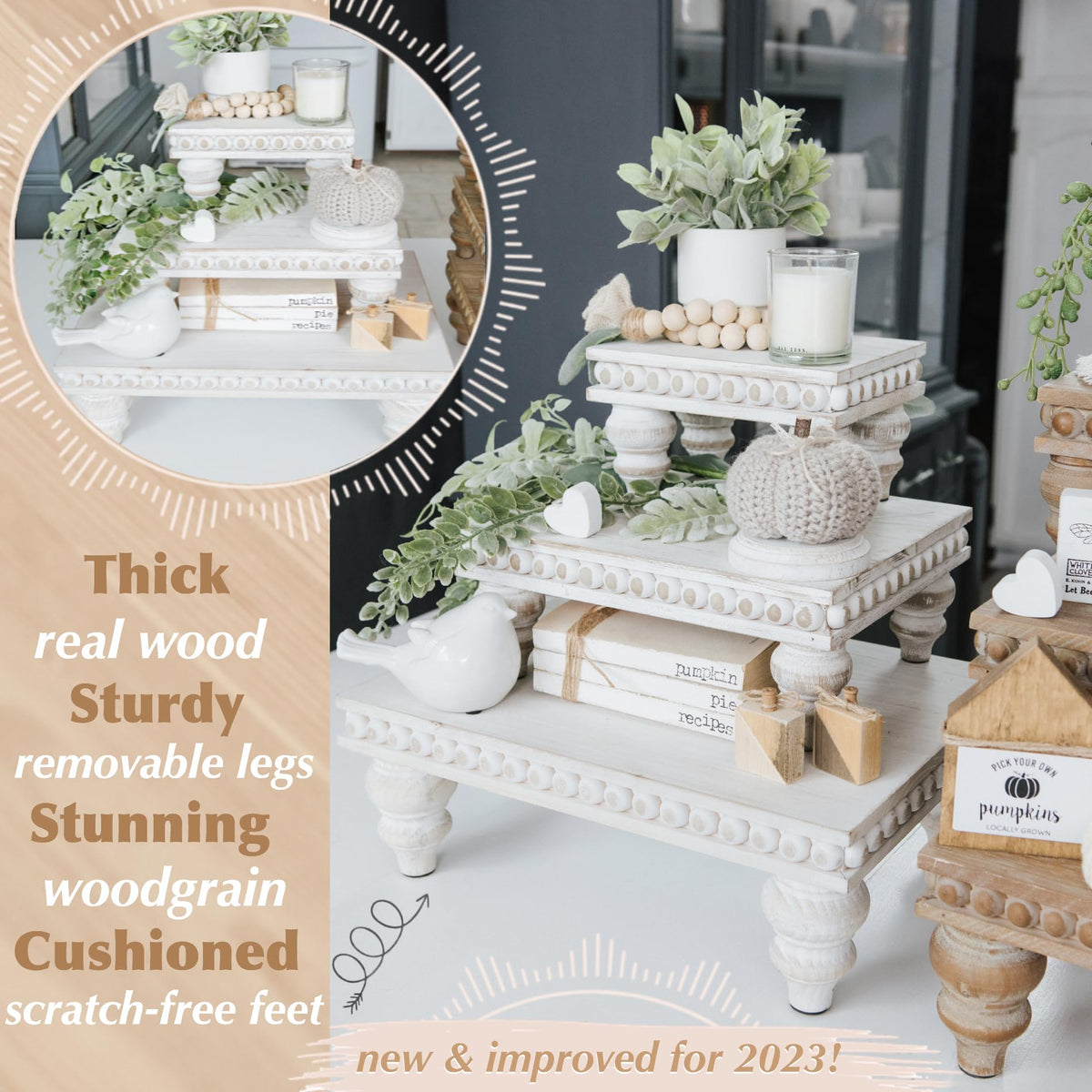 Decorative Tray [Set Of 3] Wooden Tiered Tray Stand Display Risers - Tiered Tray Decor For Tabletop Use, Kitchen Island, Coffee