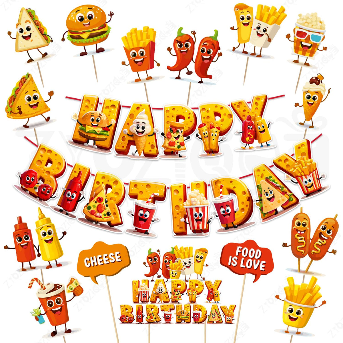 Zyozique Fast Food Theme Happy Birthday Party Decorations Combo with Paper Banner with Cake & Cupcake Toppers, Cake Topper Props